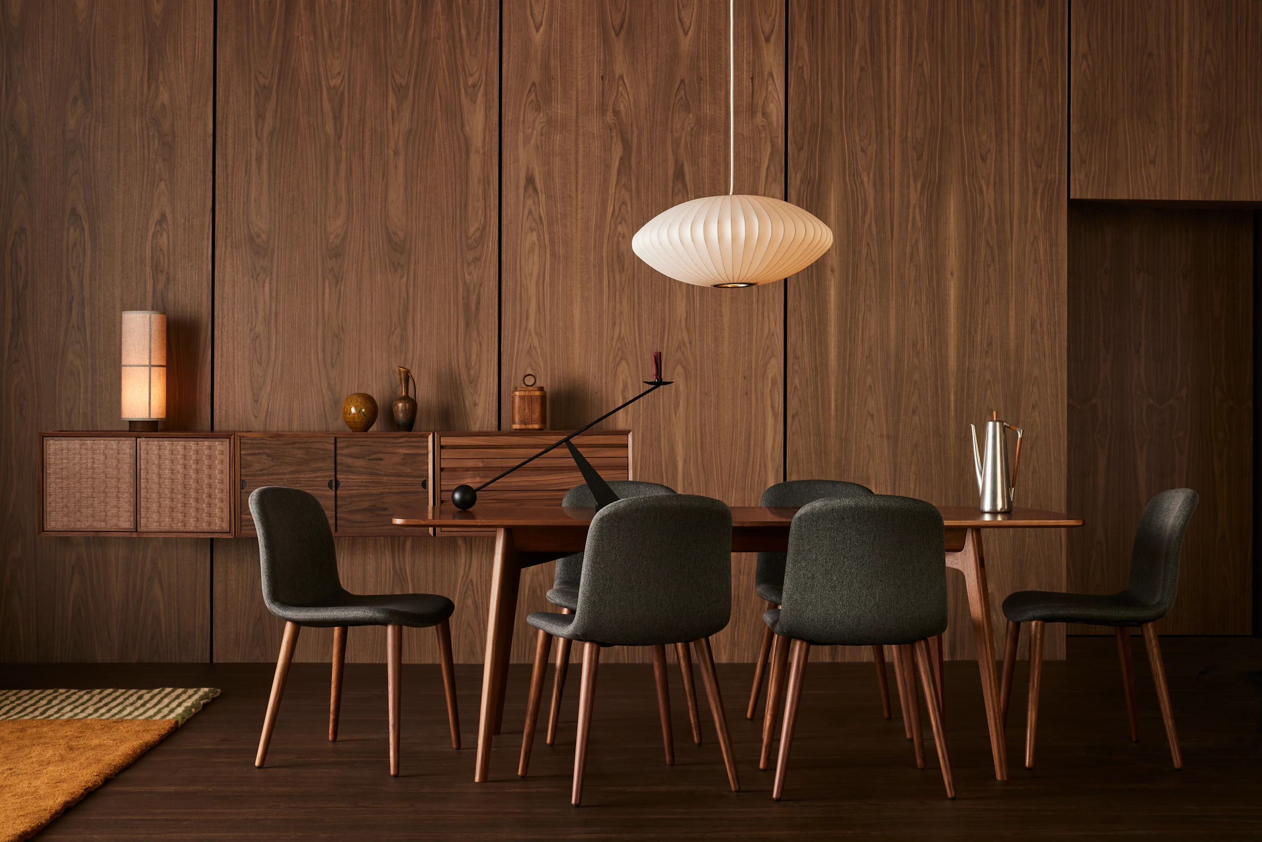 Dulwich Extension Table, Bacco Chairs, Nelson Saucer Pendant and System Cado Sideboard