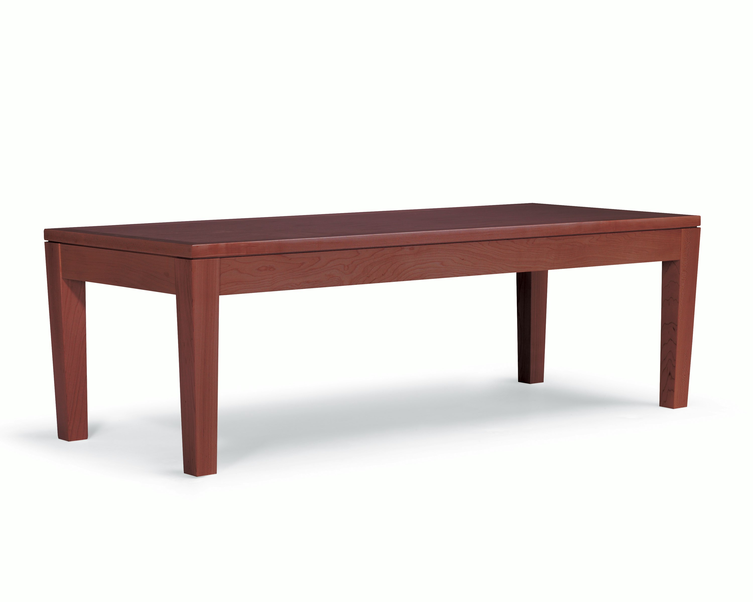 A Brava Table with a solid maple frame and veneer top in a red-toned finish.