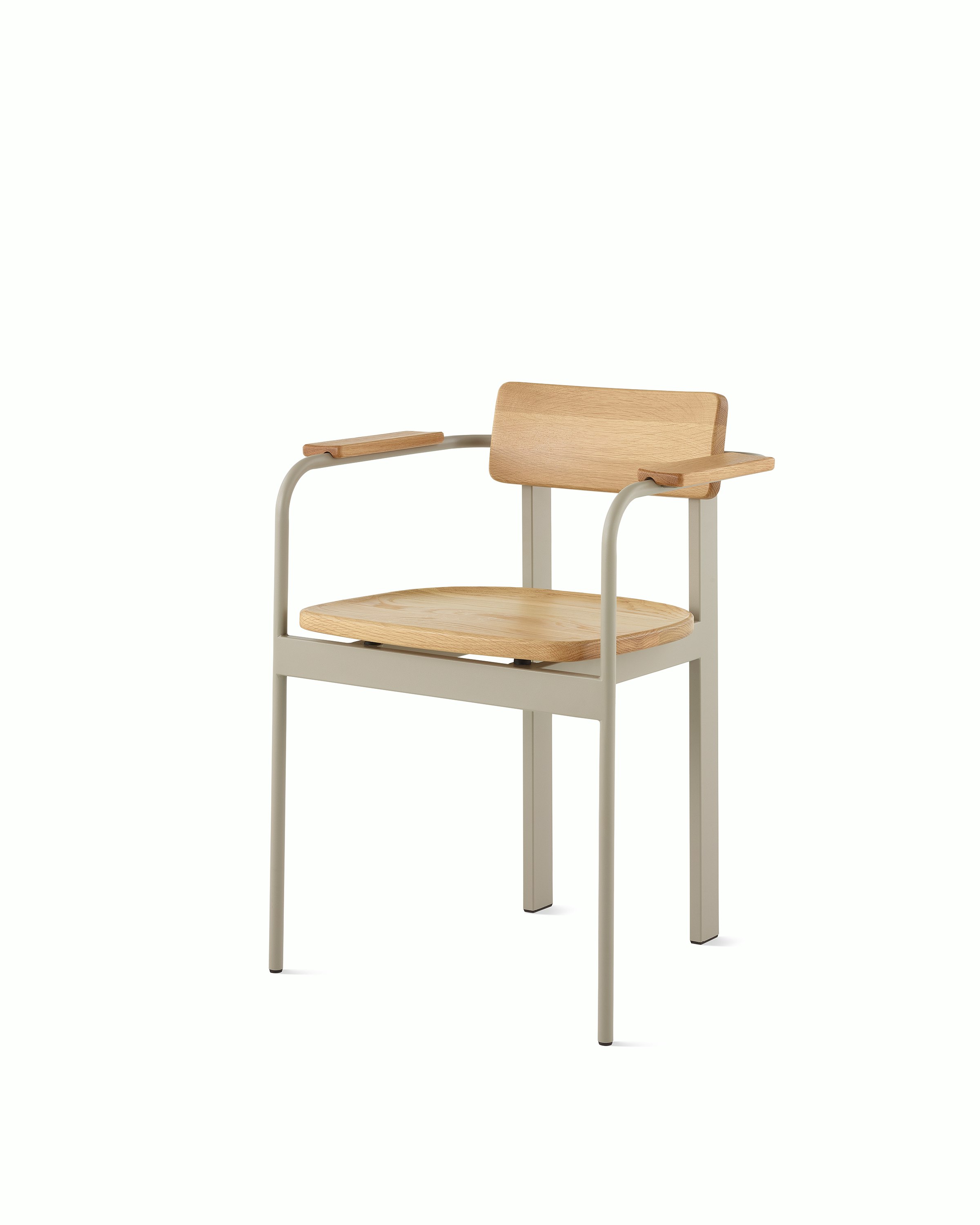A Betwixt Chair with oak seat, backrest, arms and a grey frame. 