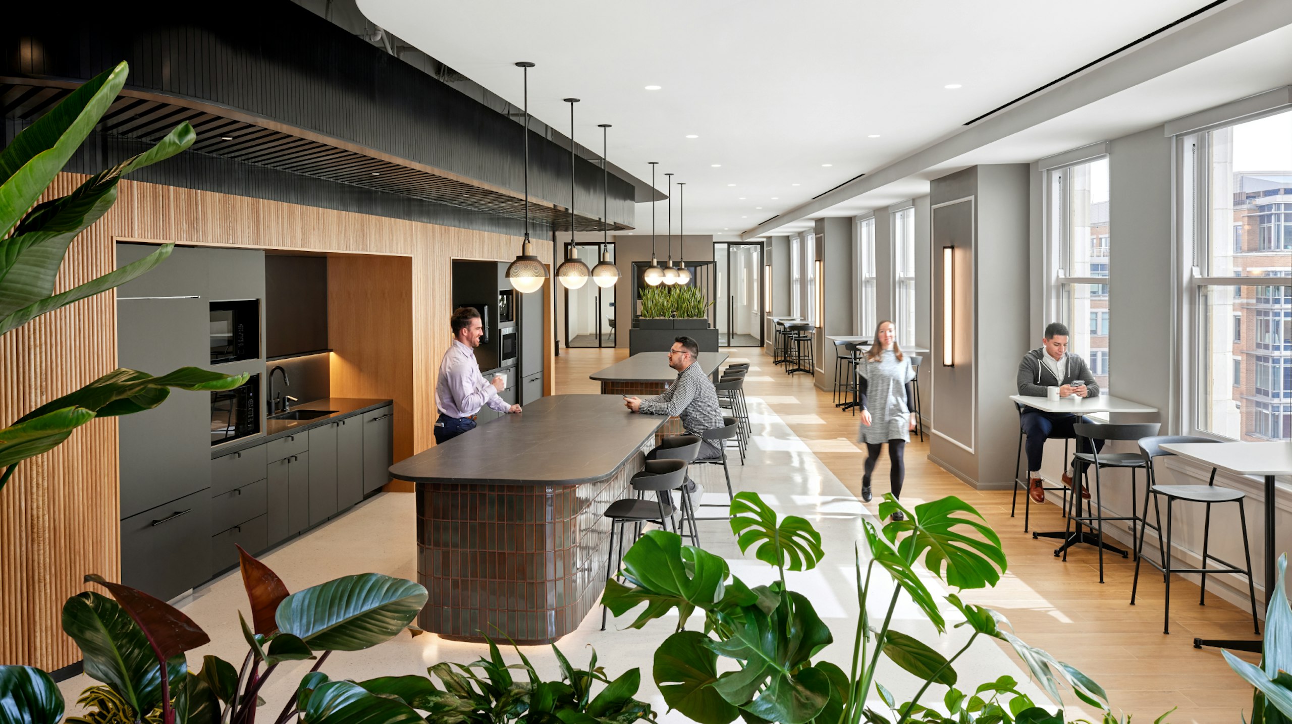 Four individuals using a brightly lit communal kitchen space with green plants, grey and black kitchen hardware and Geiger Leeway Stools