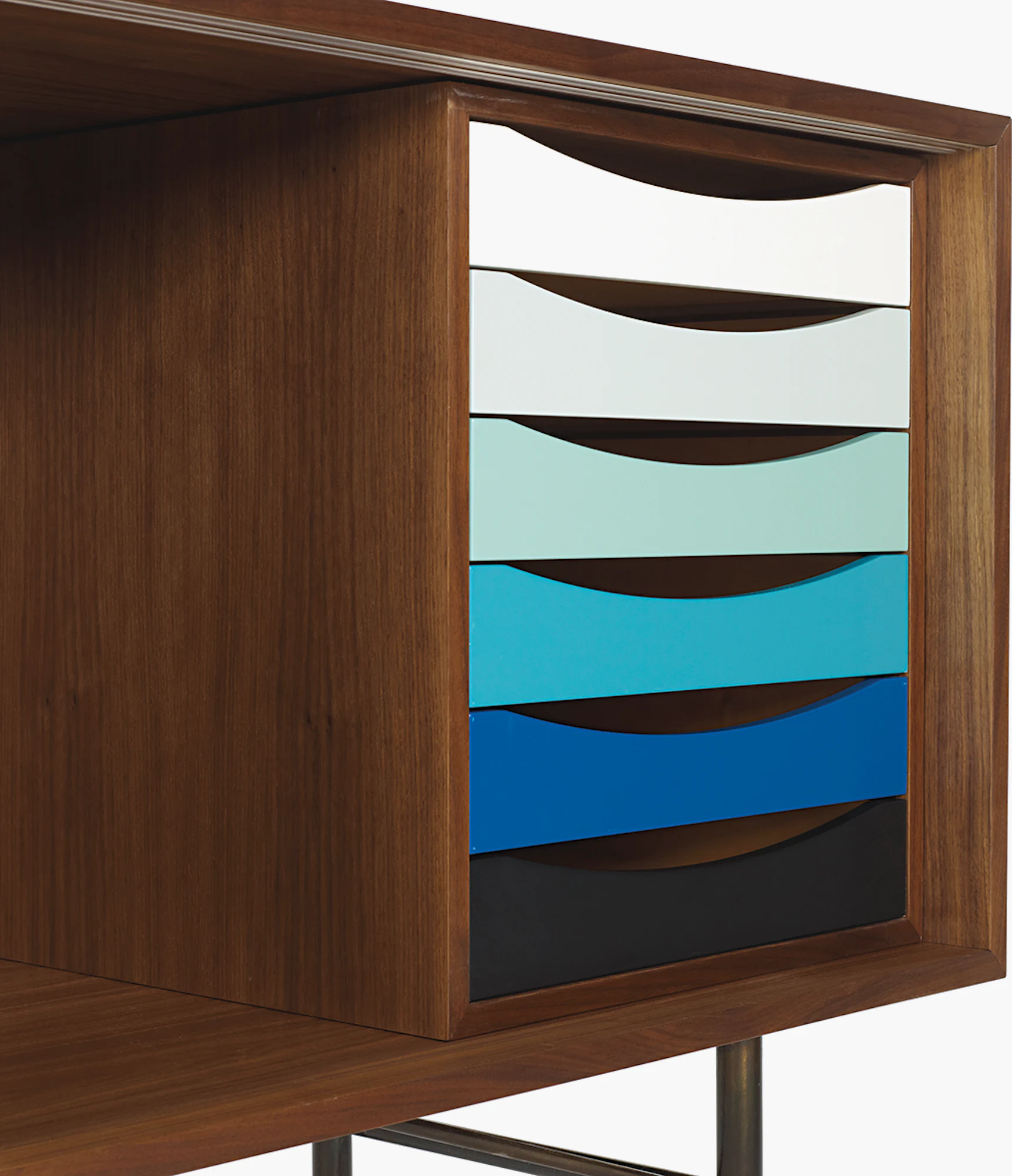 Open credenza drawer storage with colorful panel inserts