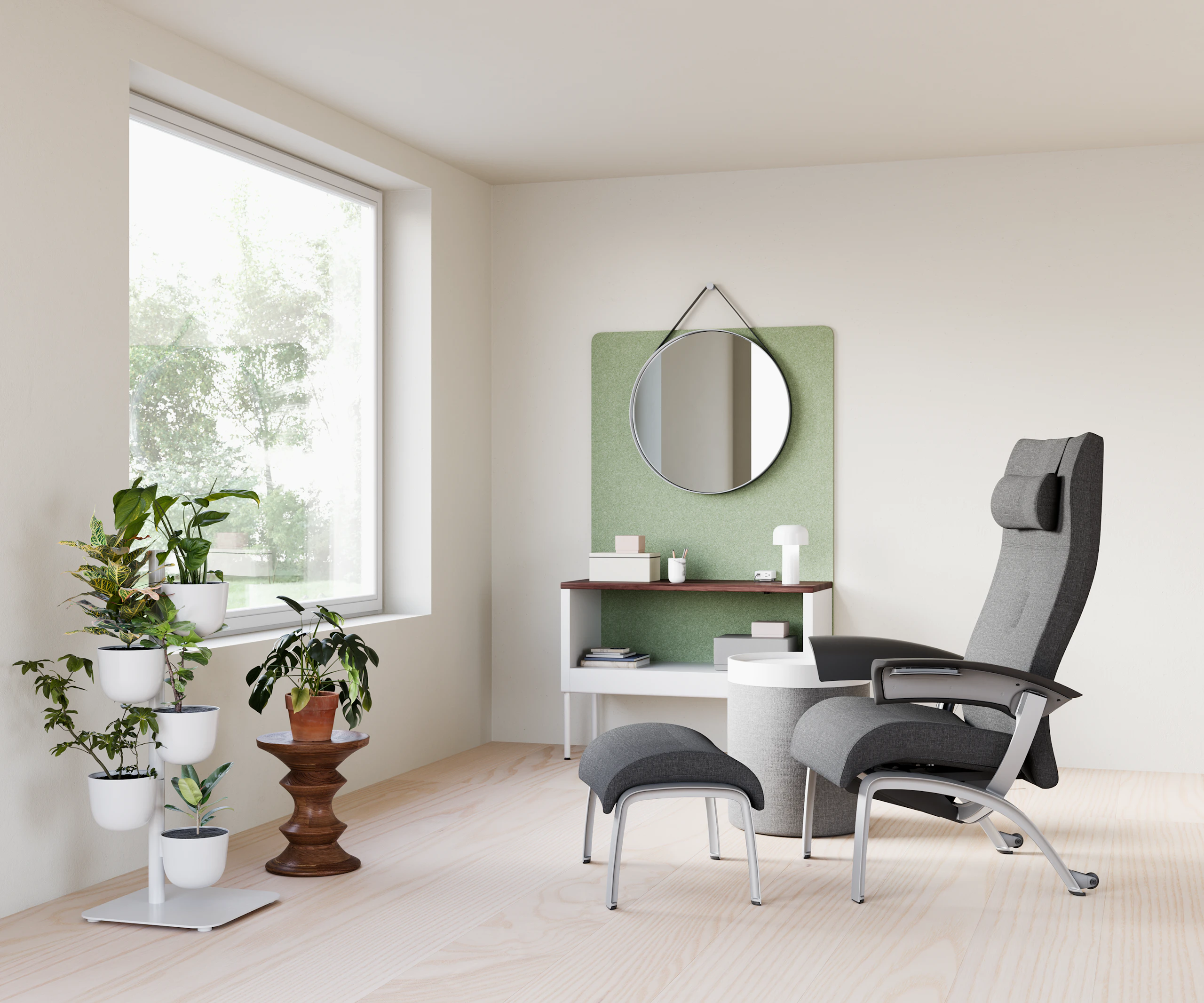 A clinician respite space for one person with a Nemschoff Nala Chair and Ottoman with Public Office Landscape storage bin and screen with a Hay Strap Mirror, with a Eames Walnut Stool, with DWR Drum Pouf and Tray with DWR Story Planter.