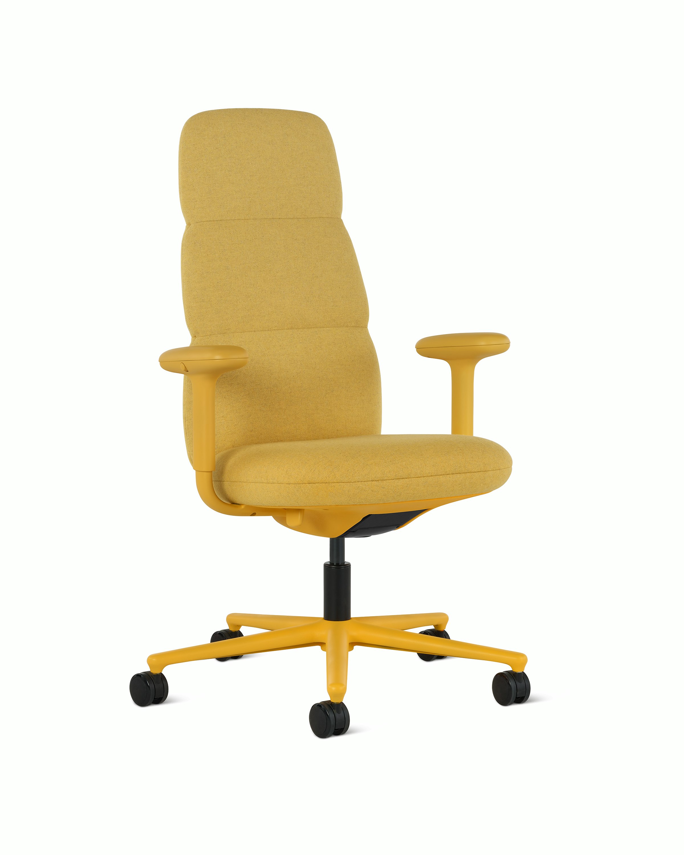 Front angle view of a high-back Asari chair by Herman Miller in yellow with height adjustable arms.