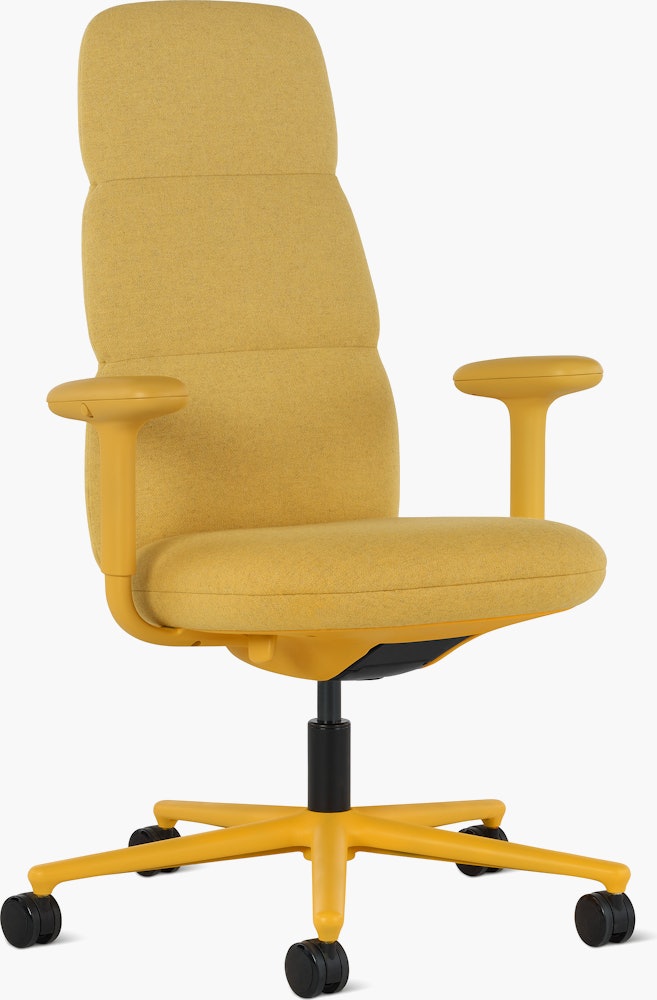 Front angle view of a high-back Asari chair by Herman Miller in yellow with height adjustable arms.