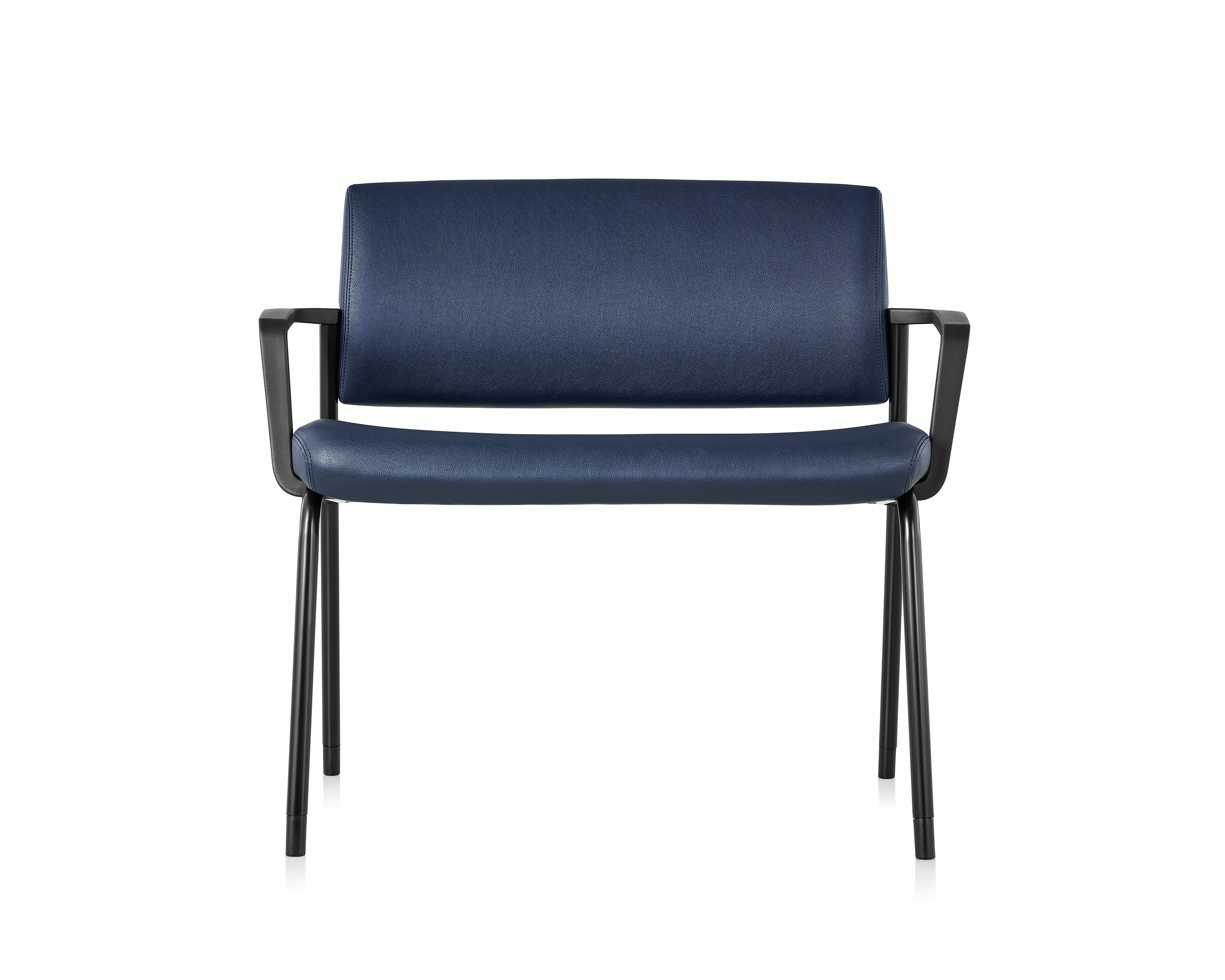 Front view of the Verus Plus Chair with arms, in blue vinyl upholstery.