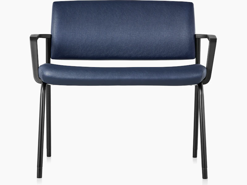Front view of the Verus Plus Chair with arms, in blue vinyl upholstery.