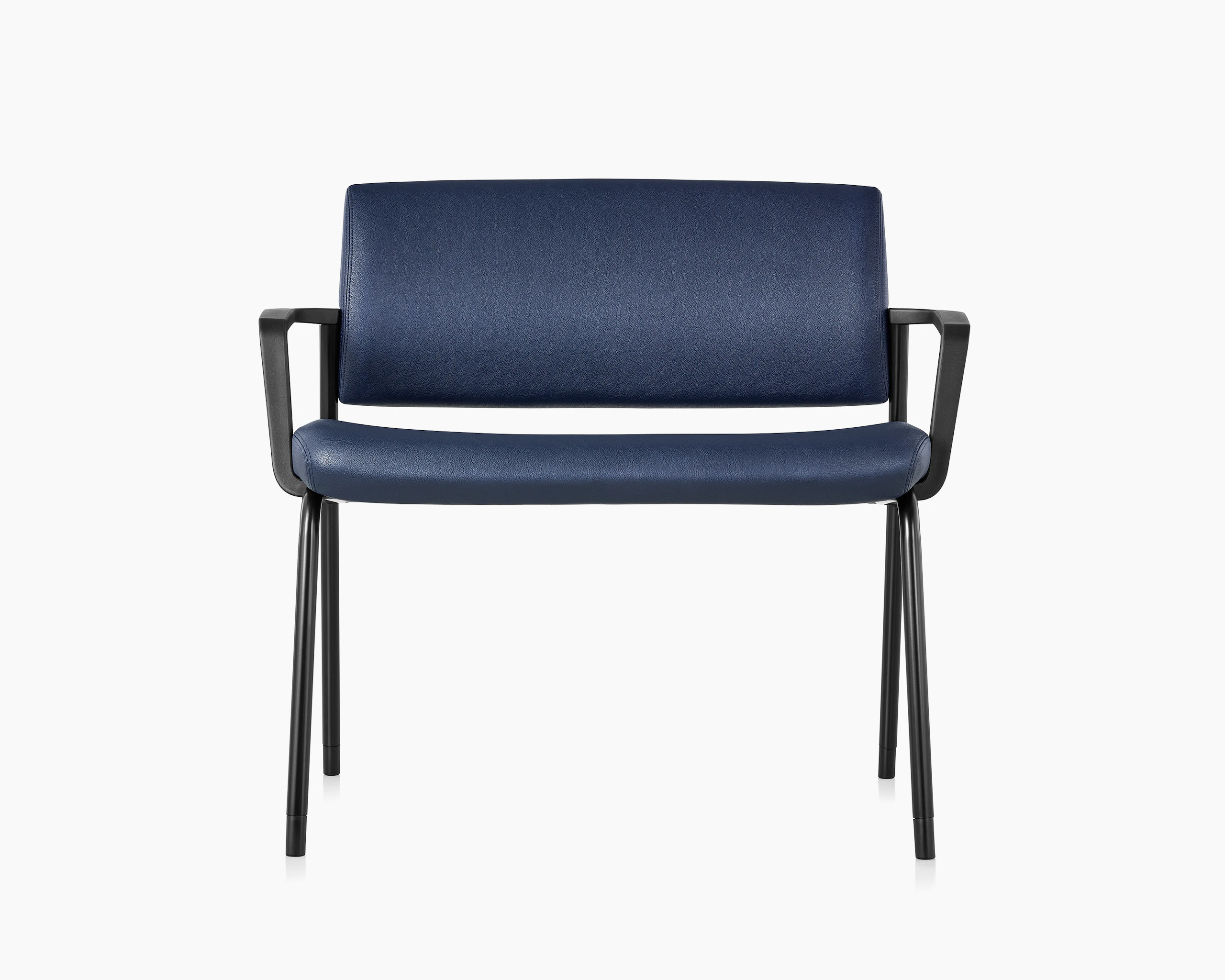 Front view of the Verus Plus Chair with arms, in blue vinyl upholstery.