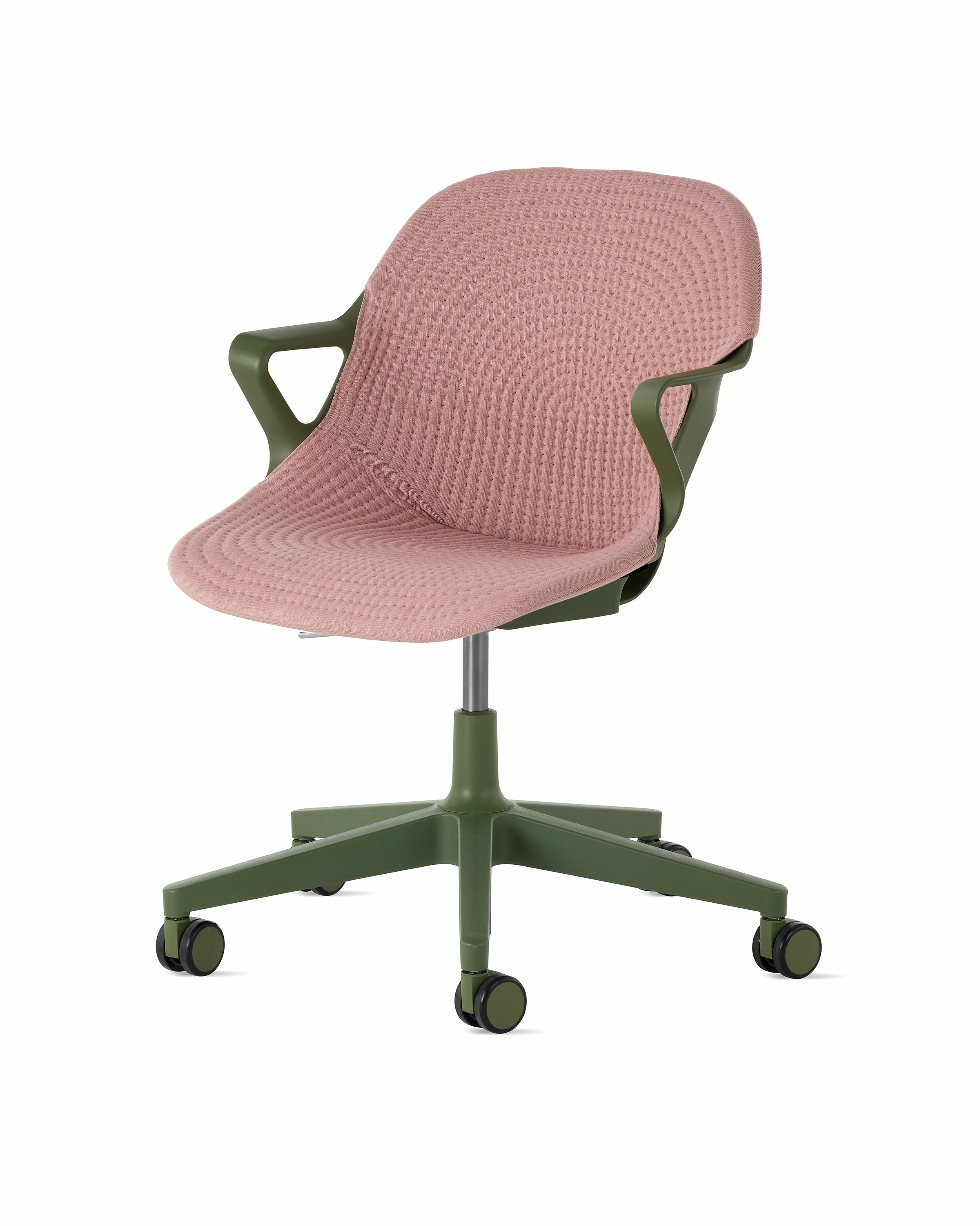 Front angle view of a Zeph chair with fixed arms in olive with a light pink knit cover.