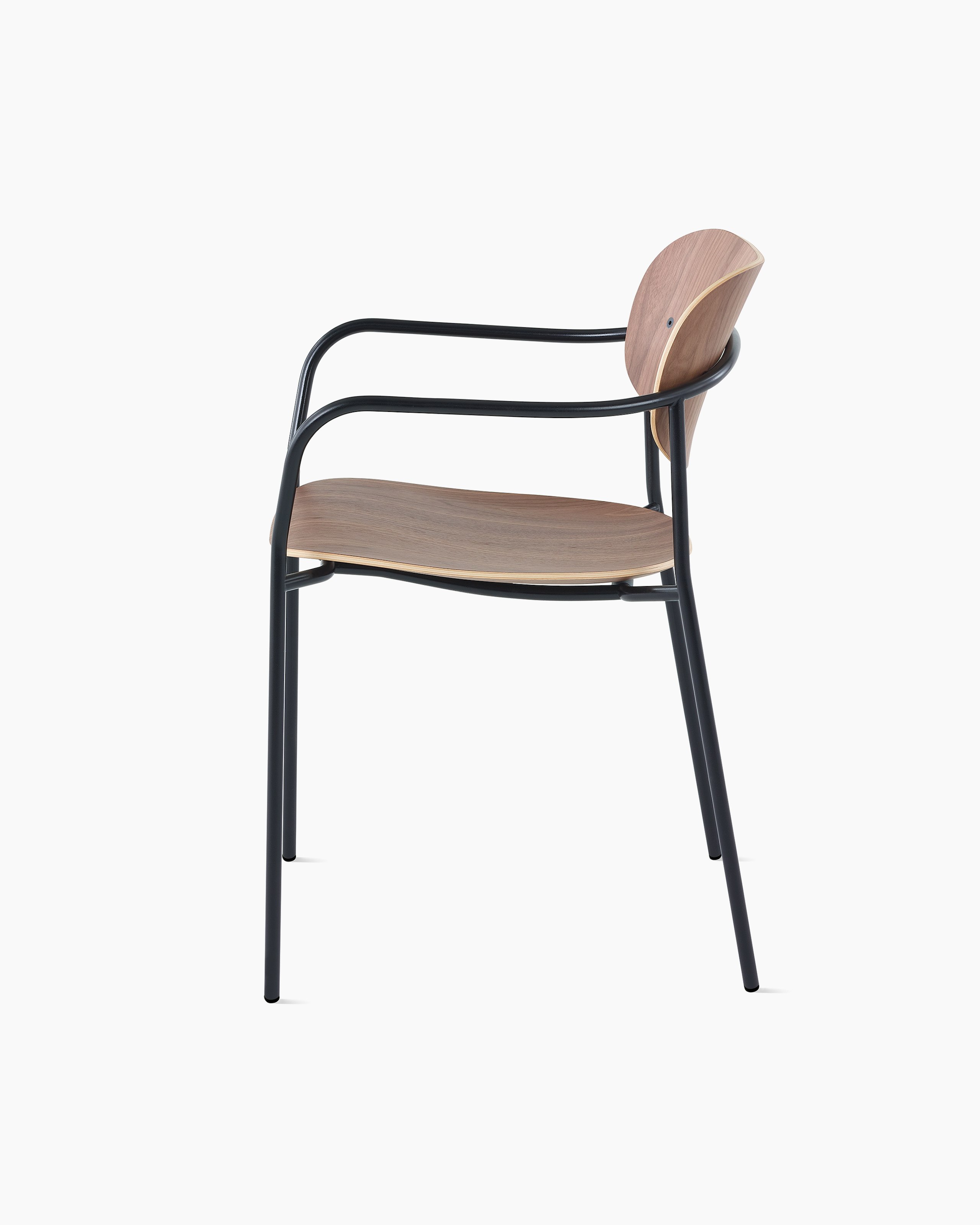 Portrait Chair with Walnut seat and back, and black frame with arms.