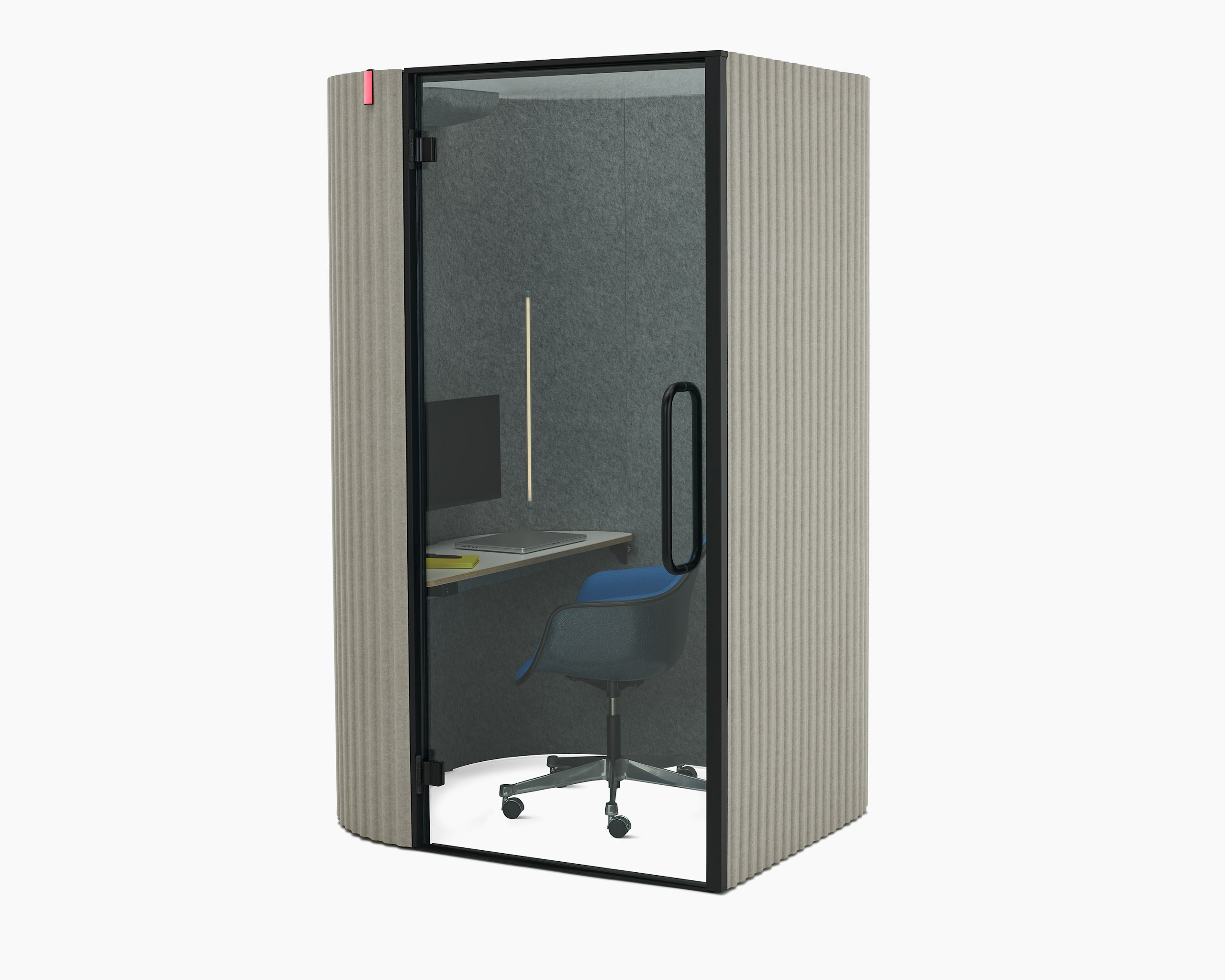 An angle view of a Bay Work Pod used for a video conference, paired with a Eames Task Chair.