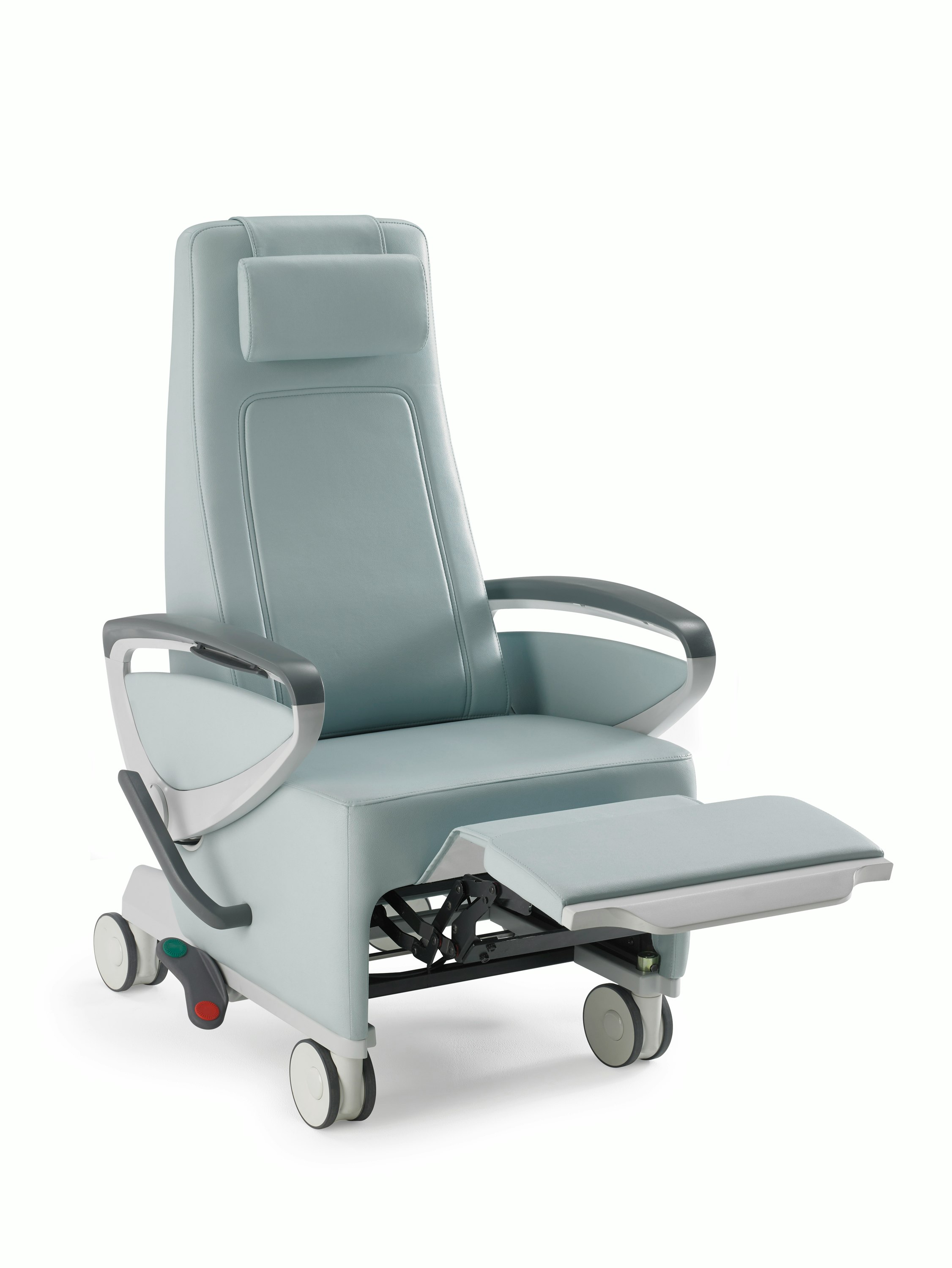 Nemschoff Ava Recliner with arcade back in a light blue upholstery with panel arms and the footrest extended, viewed from an angle.