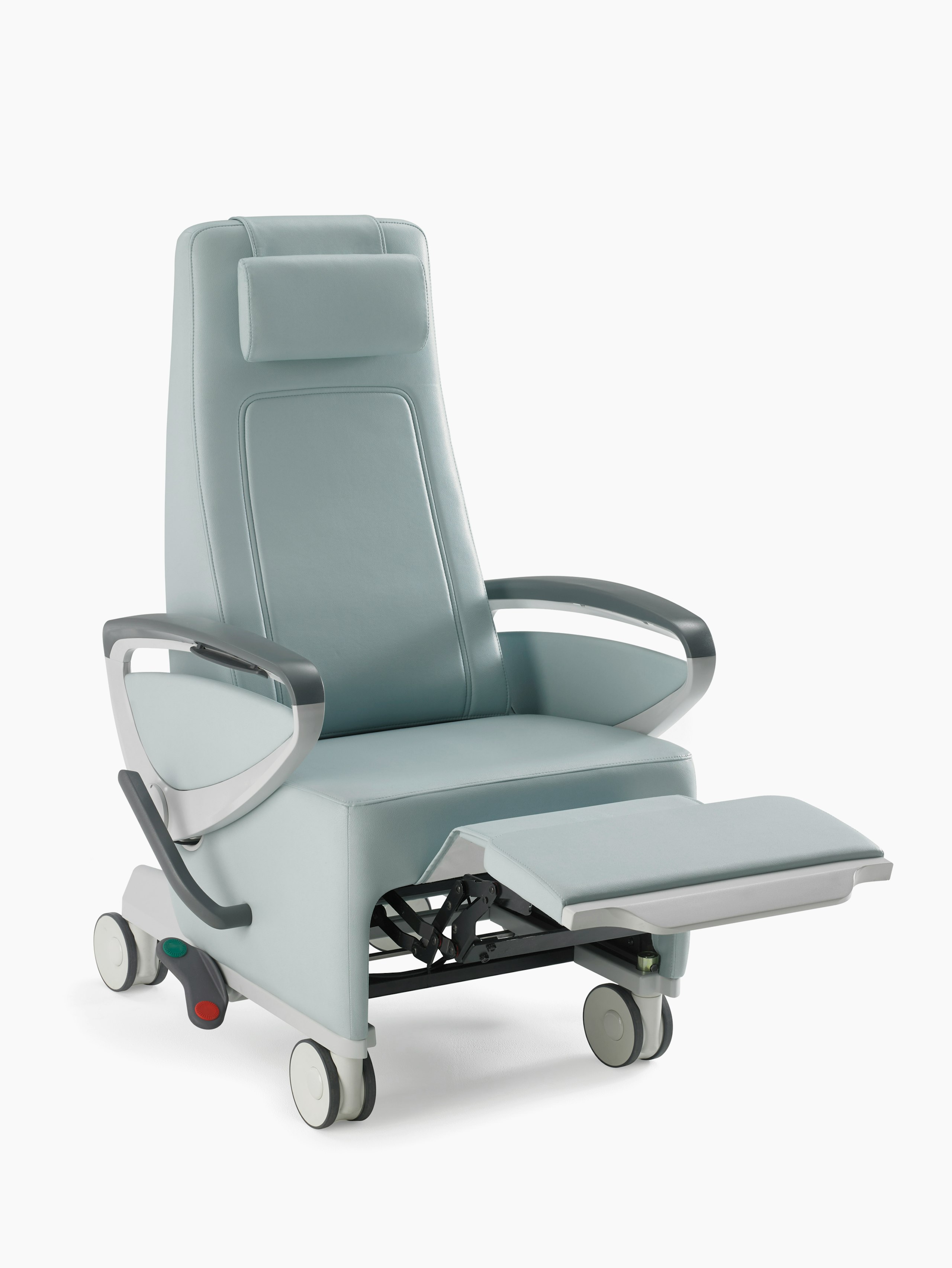 Nemschoff Ava Recliner with arcade back in a light blue upholstery with panel arms and the footrest extended, viewed from an angle.
