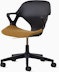 Front angle view of a black Zeph chair with fixed arms and a mustard yellow seat pad.