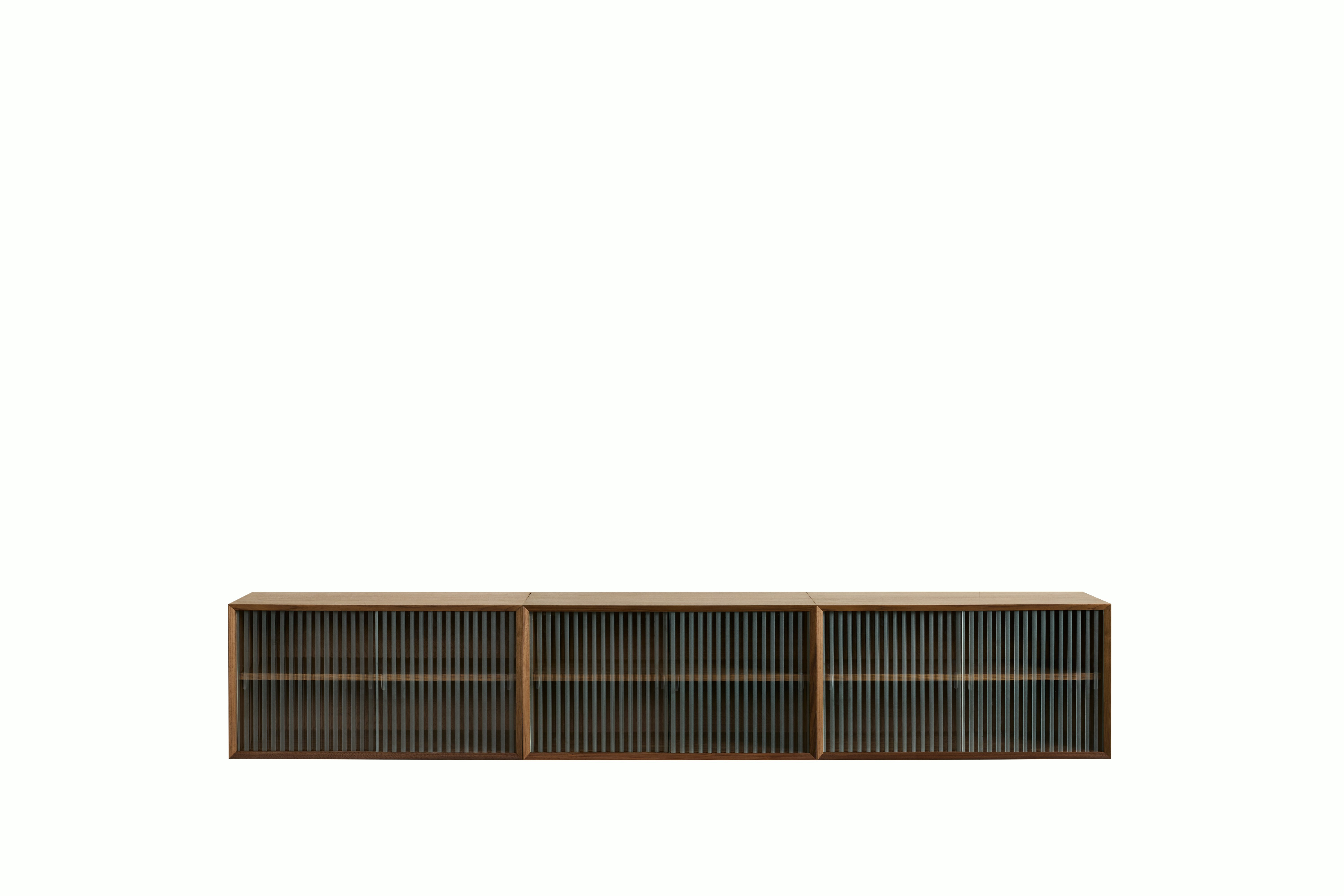 System Cado Sideboard - 3 Cabinets,  Walnut,  Sliding Rippled Glass