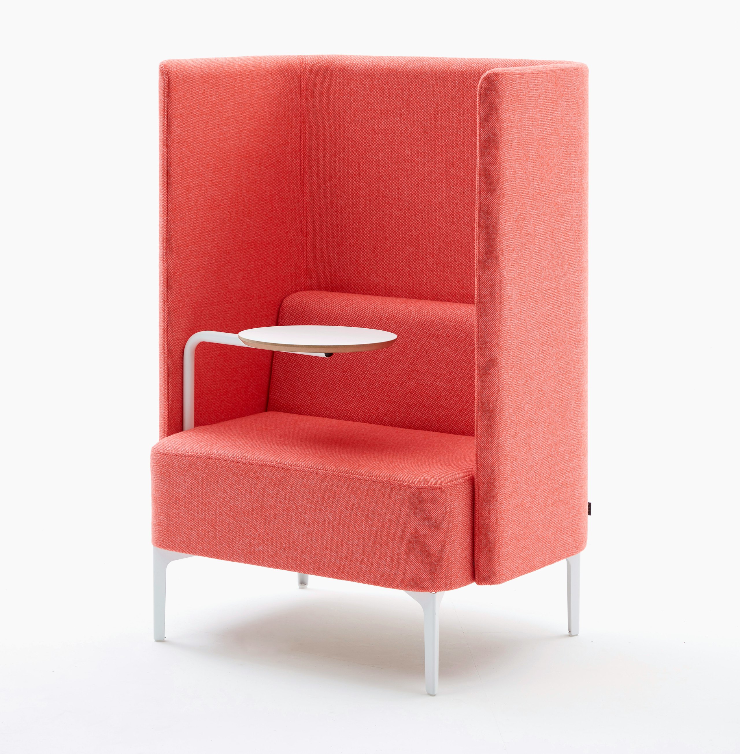 High back Pullman Chair upholstered in pink fabric with white metal legs and white mfmdf tablet arm.