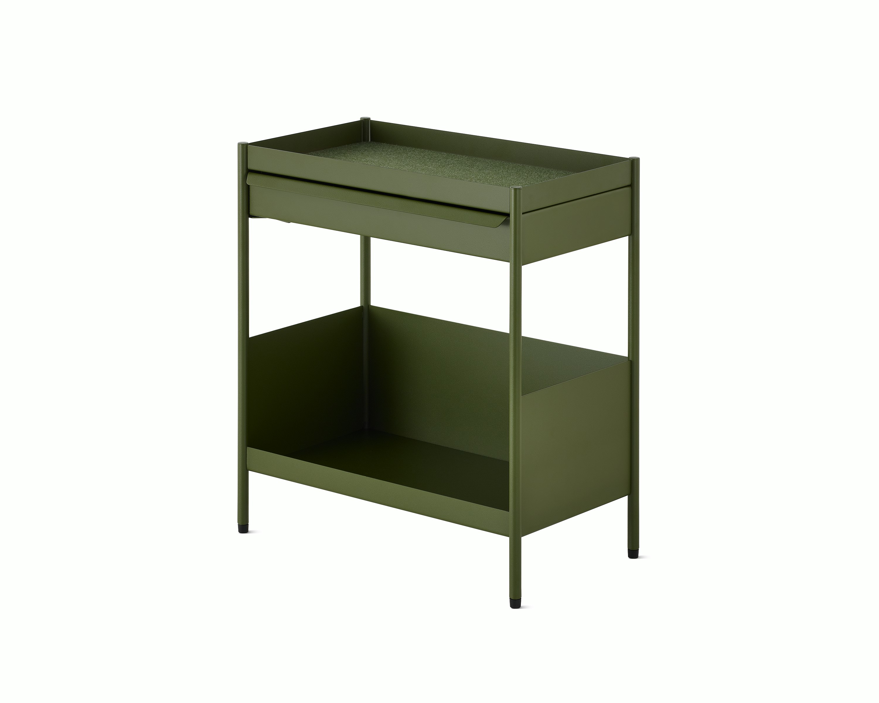 Green, individual OE1 Storage Trolley with glides, viewed from an angle.