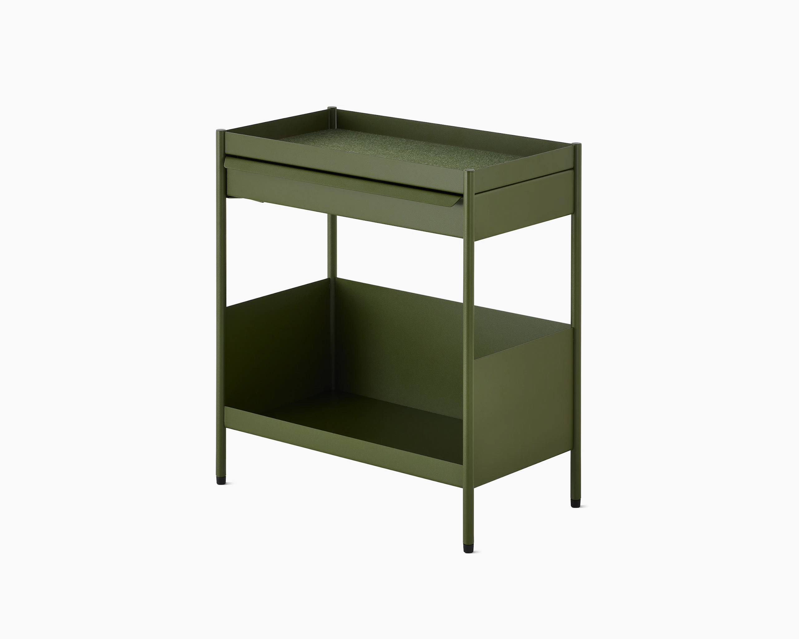 Green, individual OE1 Storage Trolley with glides, viewed from an angle.