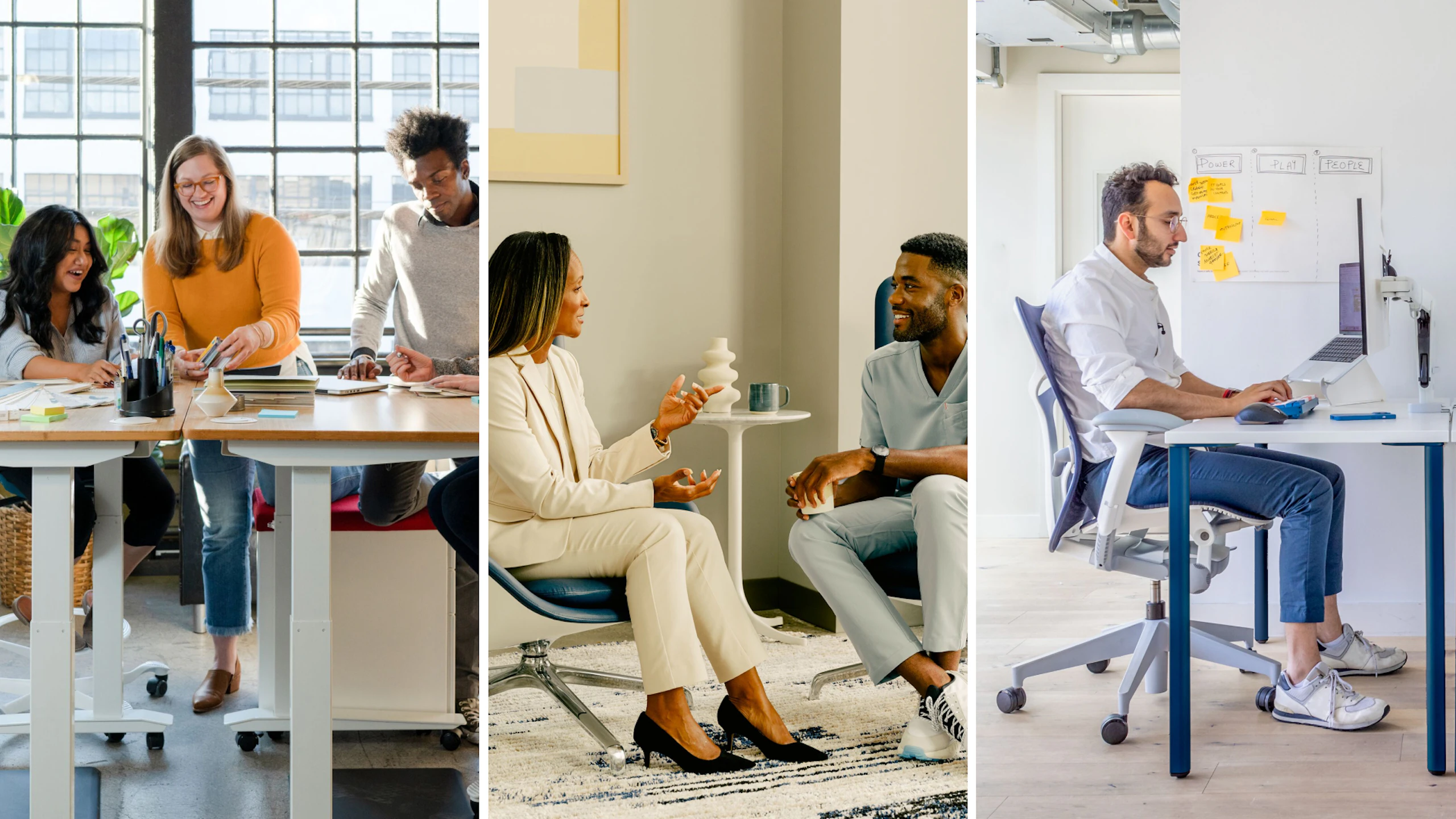 Un collage de fotografías de personas trabajando juntas en espacios de oficinas colaborativos, para destacar la necesidad de una nueva perspectiva sobre el respaldo al trabajo actual.