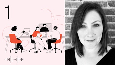 Looking Forward podcast cover art with episode number 1 in the top left corner is stacked alongside a portrait of the guest for this episode, behavioural scientist Kristin Leimgruber, Ph.D.