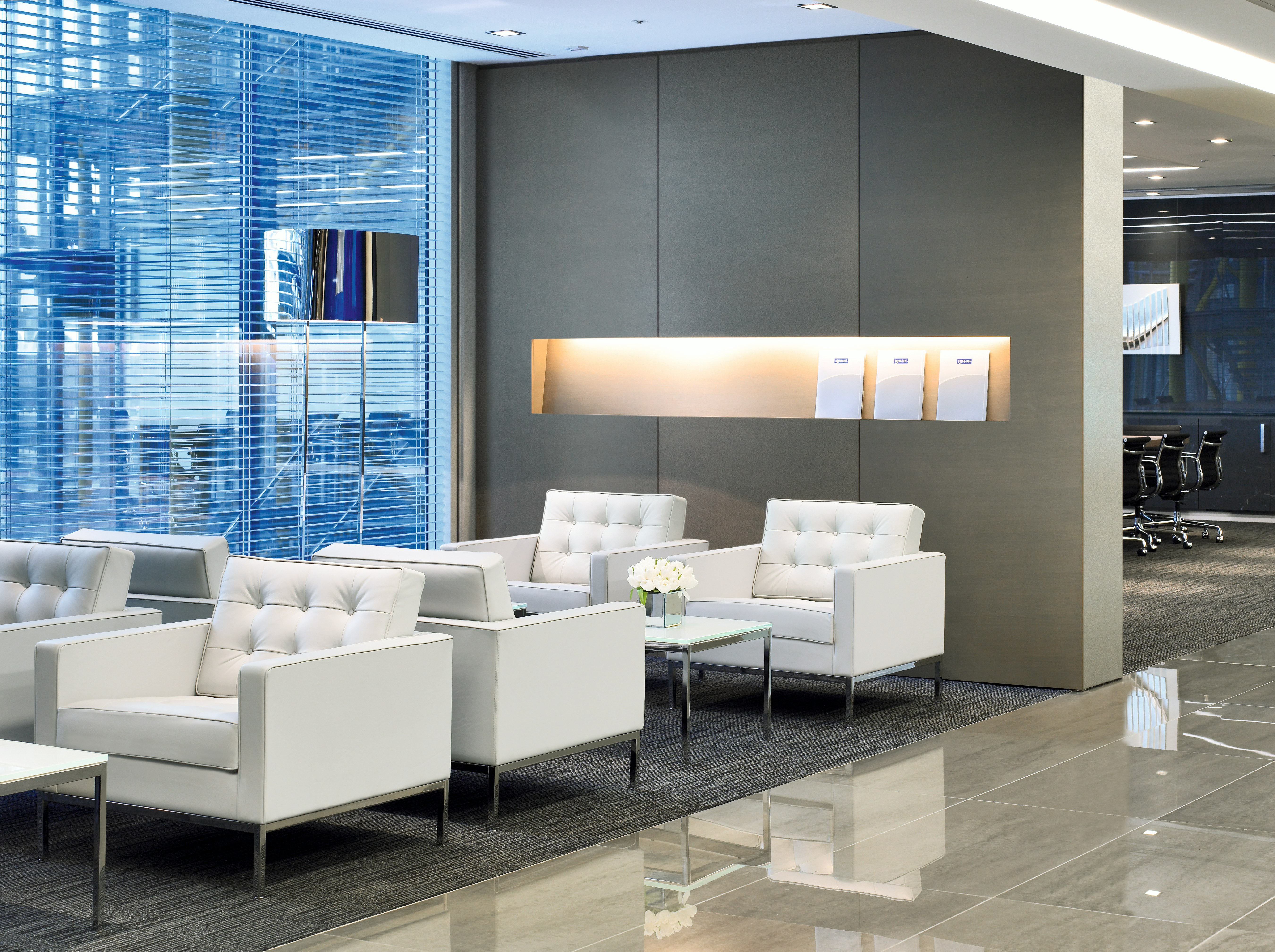 Florence Knoll Lounge Chair; Coffee Table in reception area