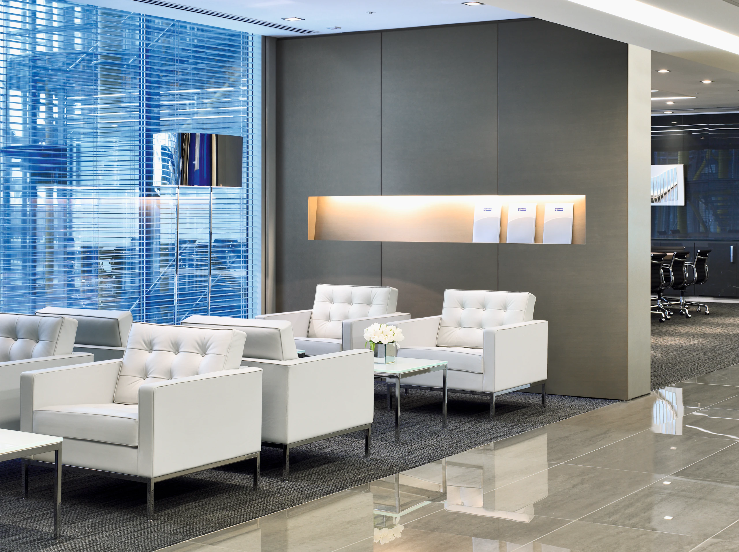 Florence Knoll Lounge Chair; Coffee Table in reception area