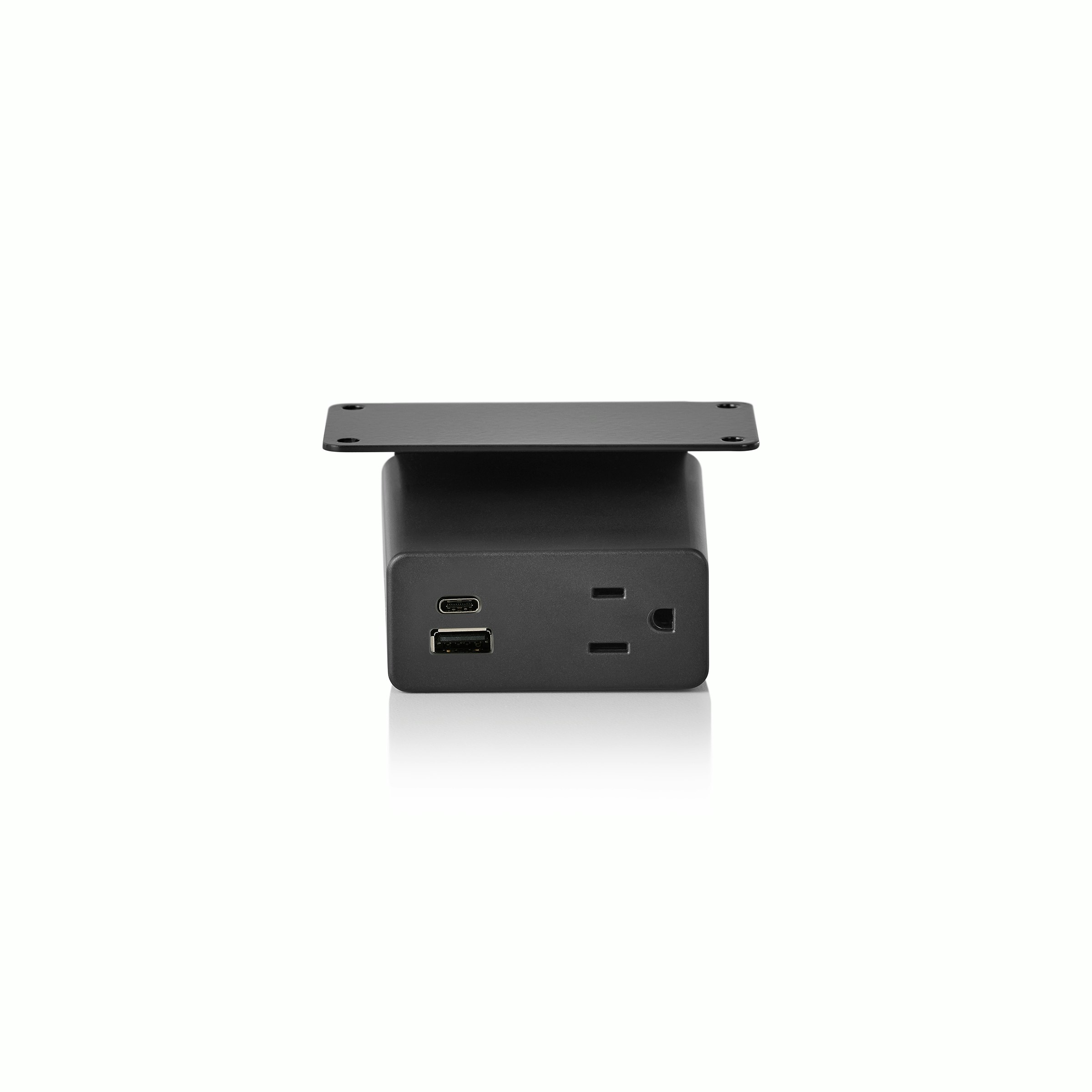 Black power source with USB-C port, USB-A port, and A/C outlet