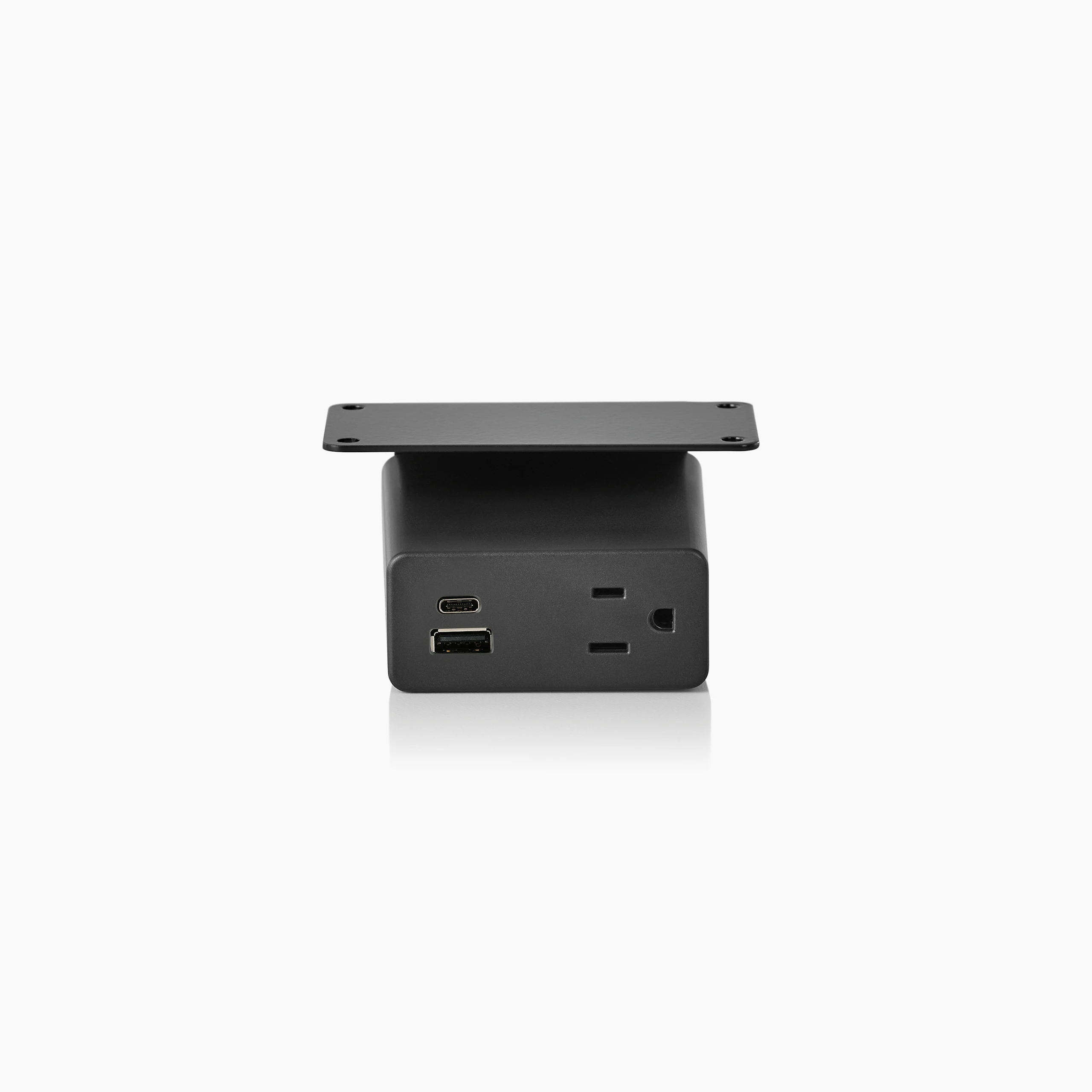 Black power source with USB-C port, USB-A port, and A/C outlet