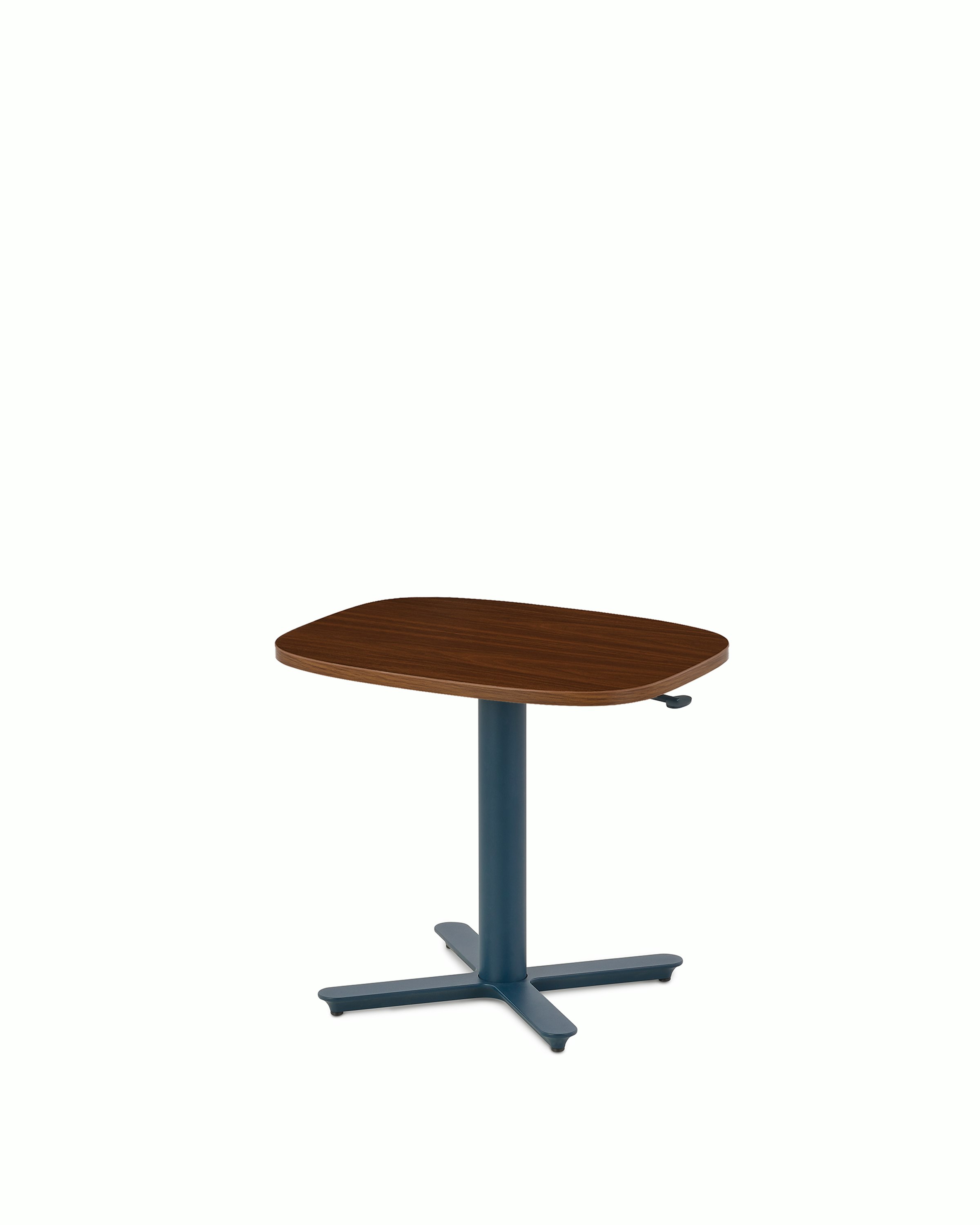 Small Passport Work table with walnut top, dark blue base and glides 