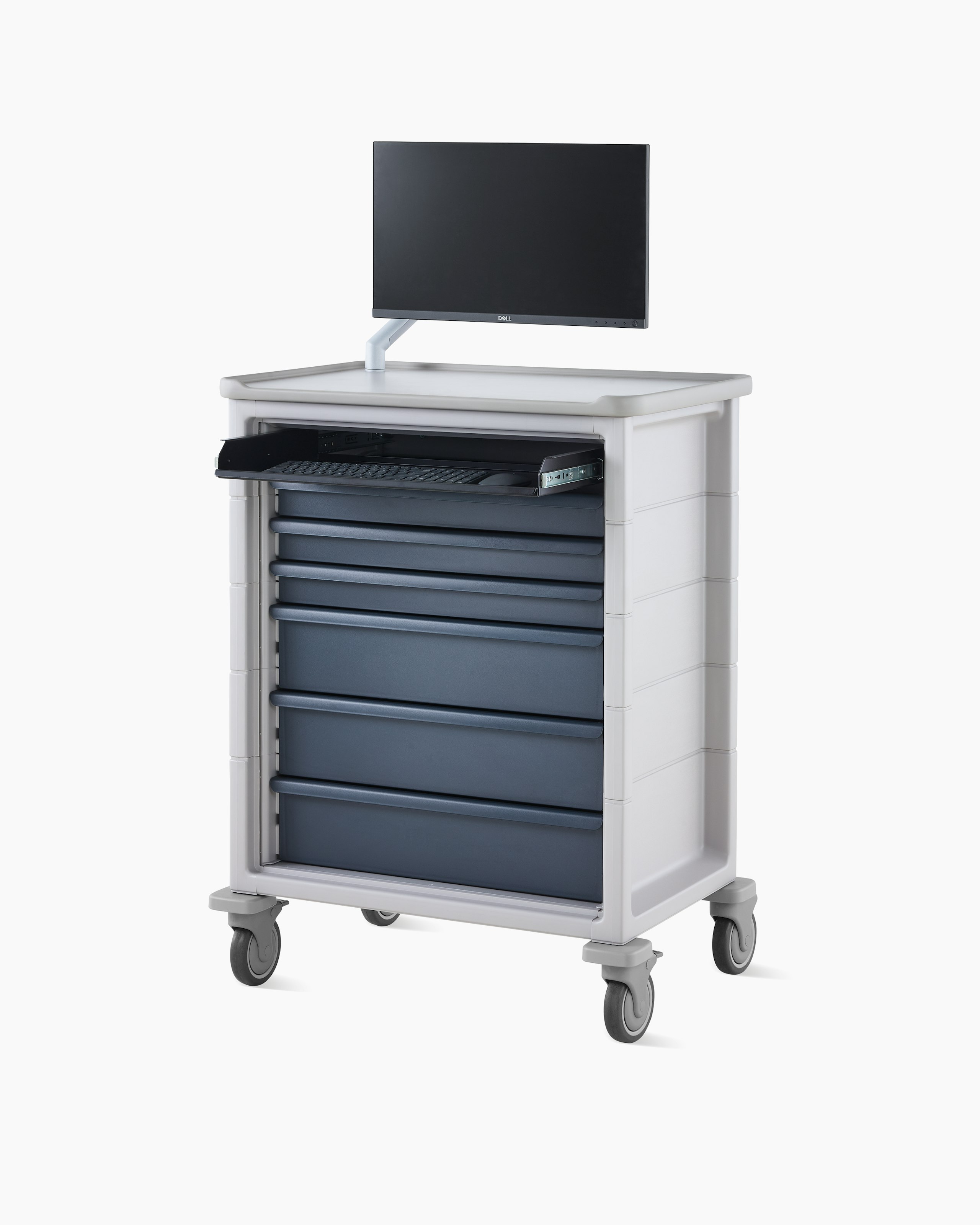 Angled view of technology cart in light gray finish with midnight blue drawers and a monitor mounted on monitor arm on top of the cart.