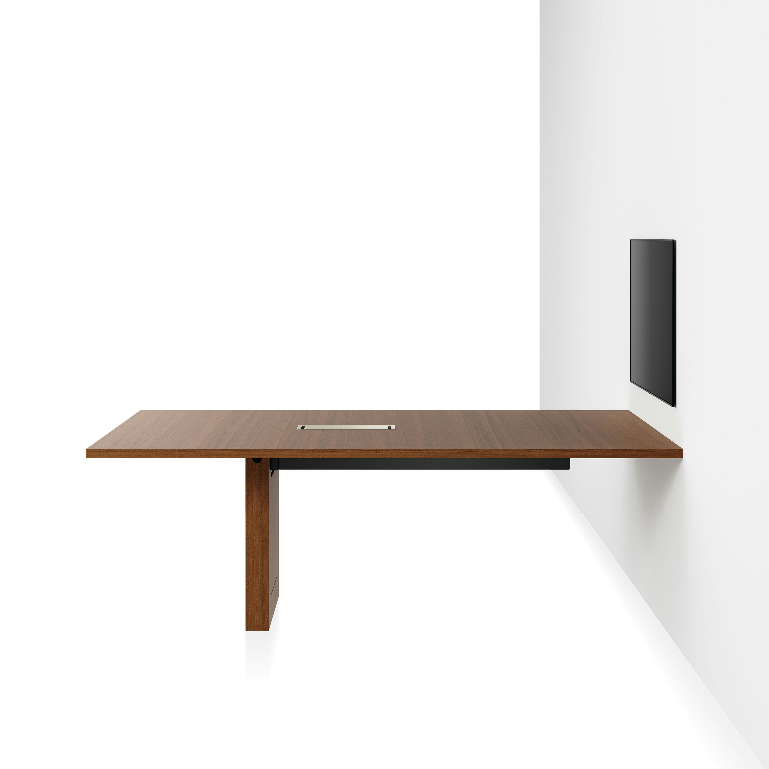 JD Media Table in Natural Quarter Cut Walnut with a 1 and 1/4 inch thick top viewed from the side.