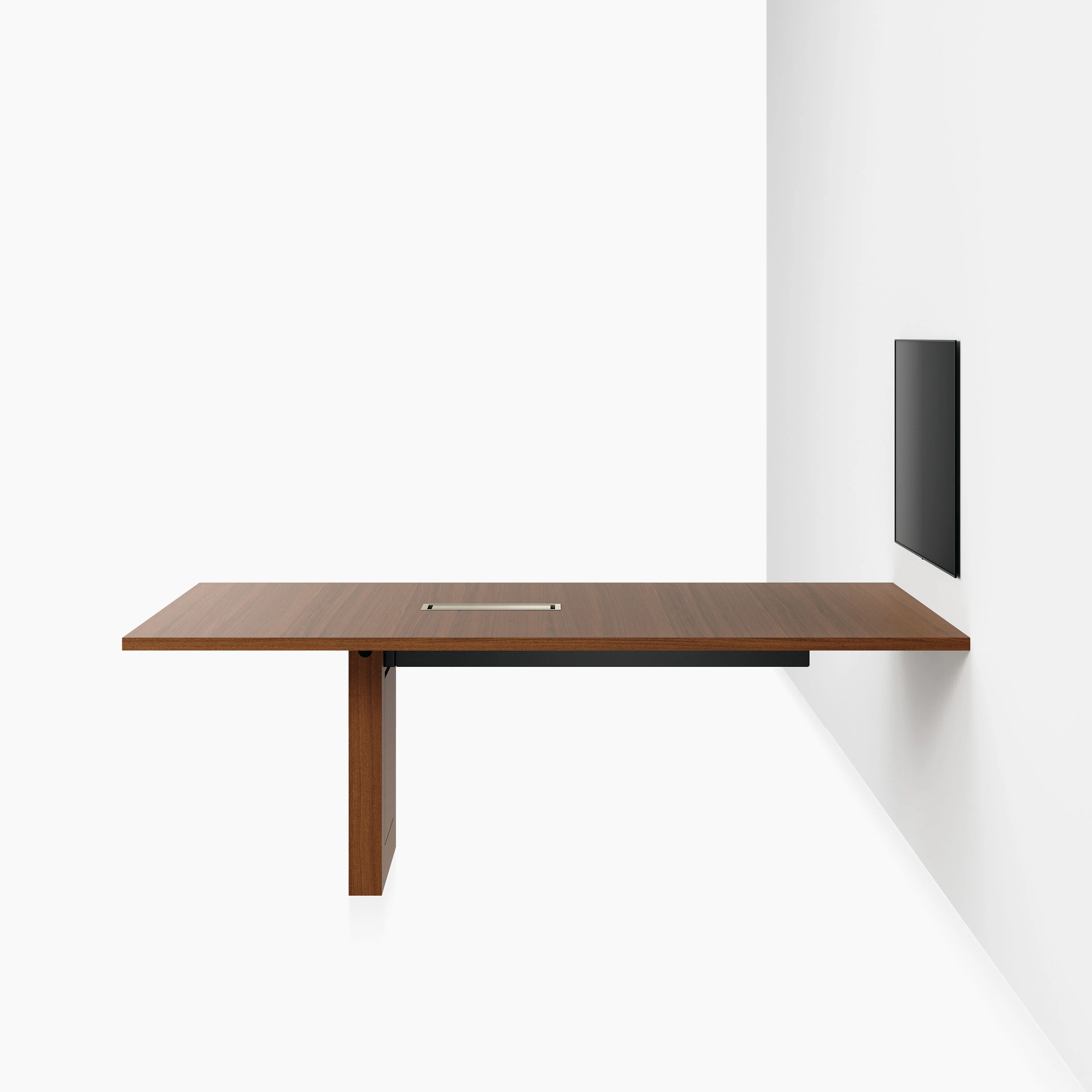 JD Media Table in Natural Quarter Cut Walnut with a 1 and 1/4 inch thick top viewed from the side.