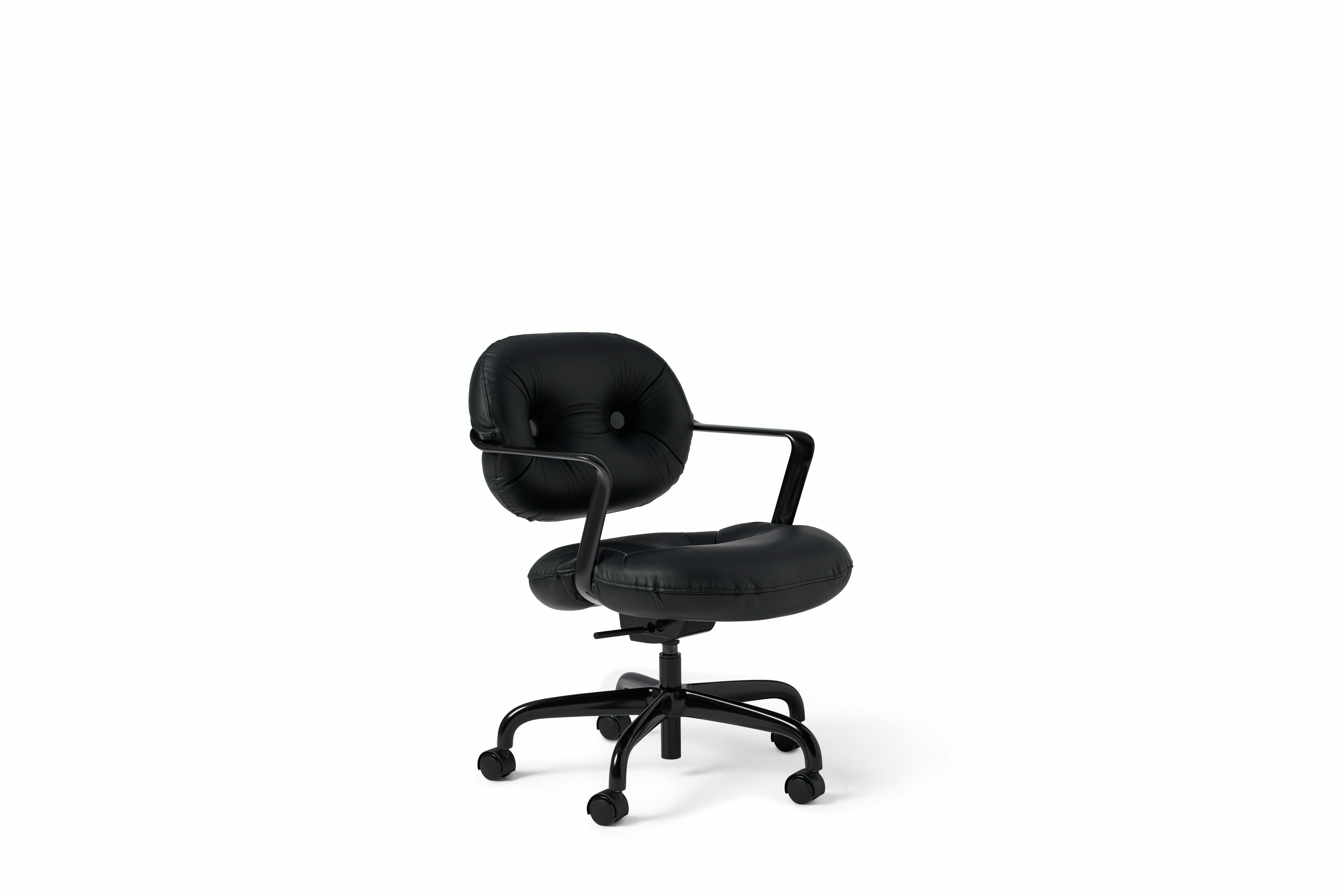 Front angle view of a Morrison Hannah chair with a black frame and base with fixed arms and black leather upholstery.