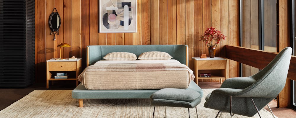 Emmy Bed in Pecora Green, Womb Chair and Ottoman and Ema Rug