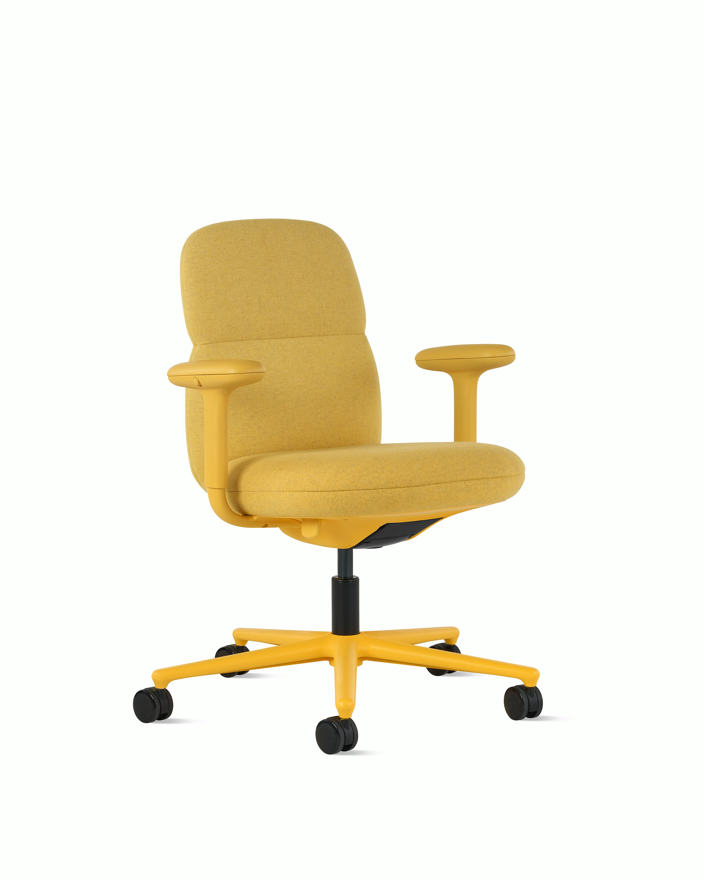 Front angle view of a mid-back Asari chair by Herman Miller in yellow with height adjustable arms.