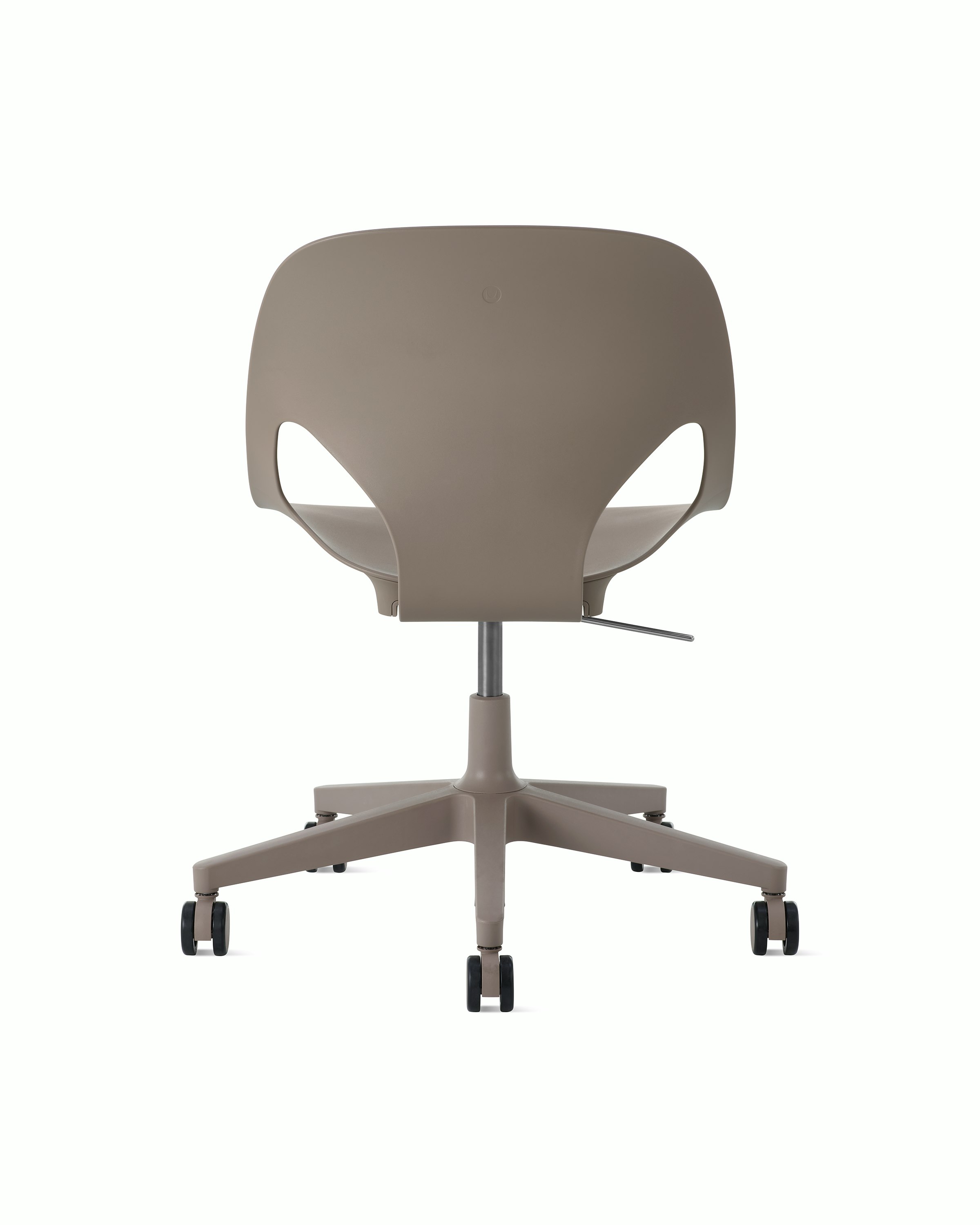 Rear view of a light brown armless Zeph chair.
