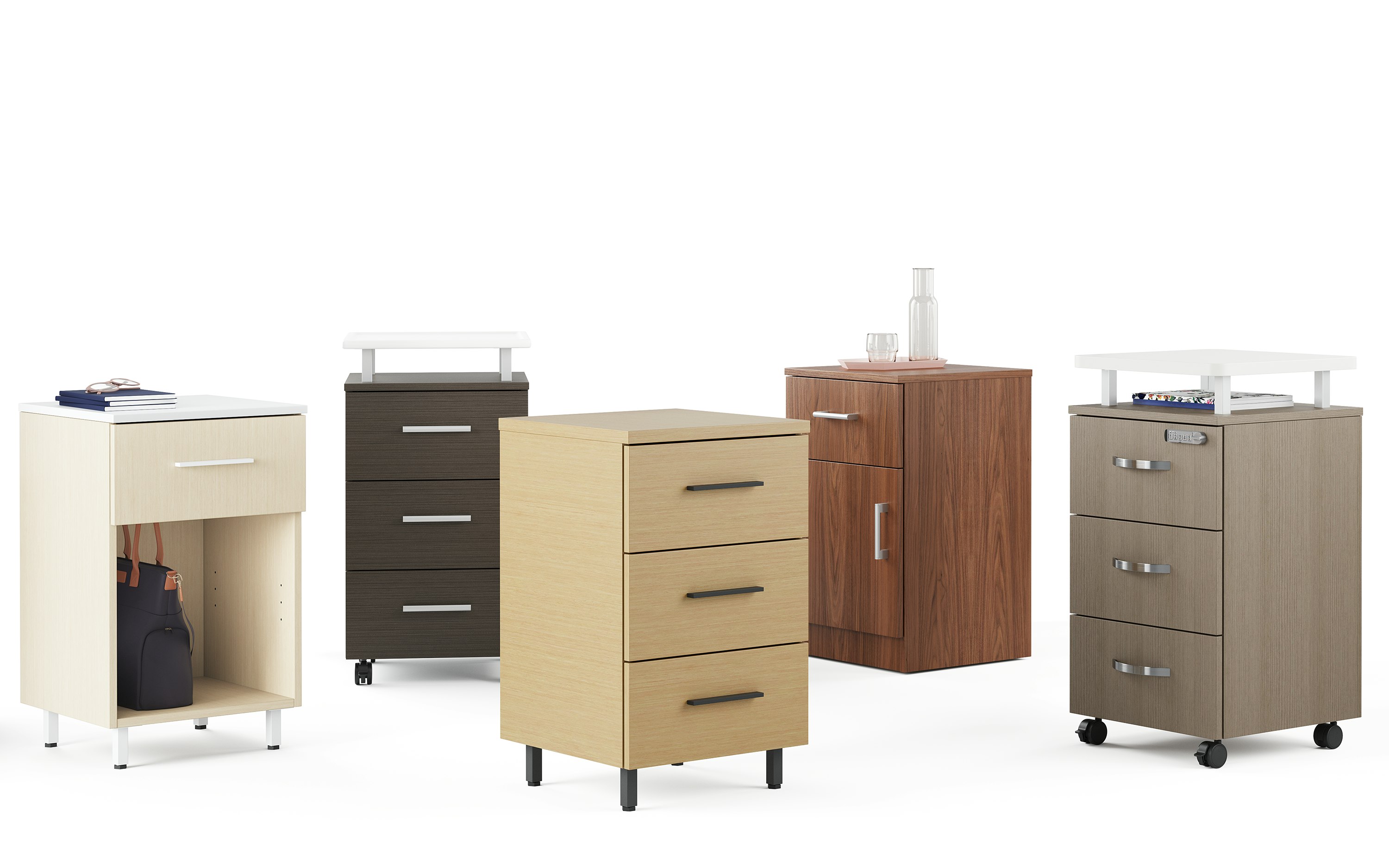 A group of five Nemschoff Bedside Cabinets in a variety of configurations and finishes.