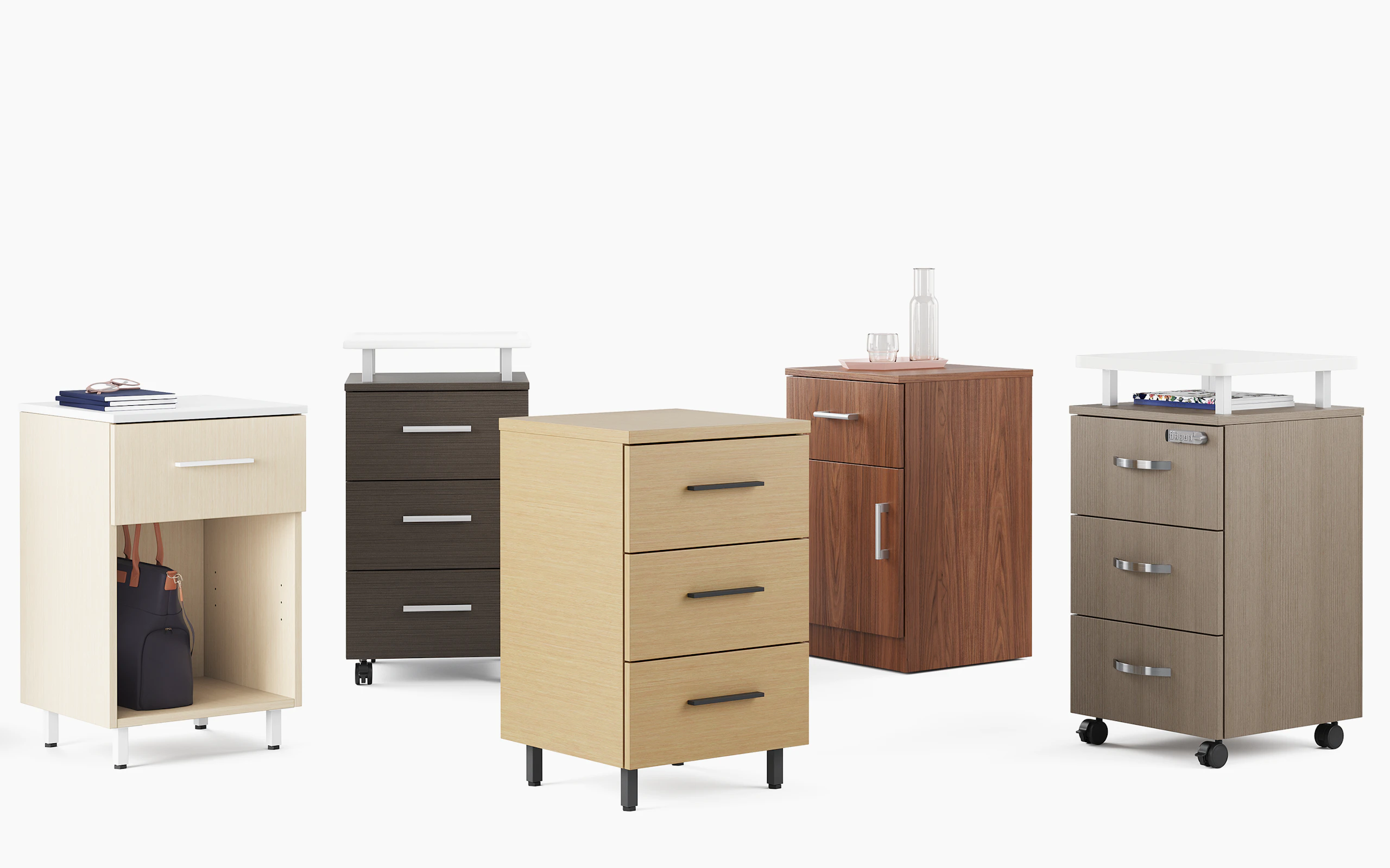 A group of five Nemschoff Bedside Cabinets in a variety of configurations and finishes.
