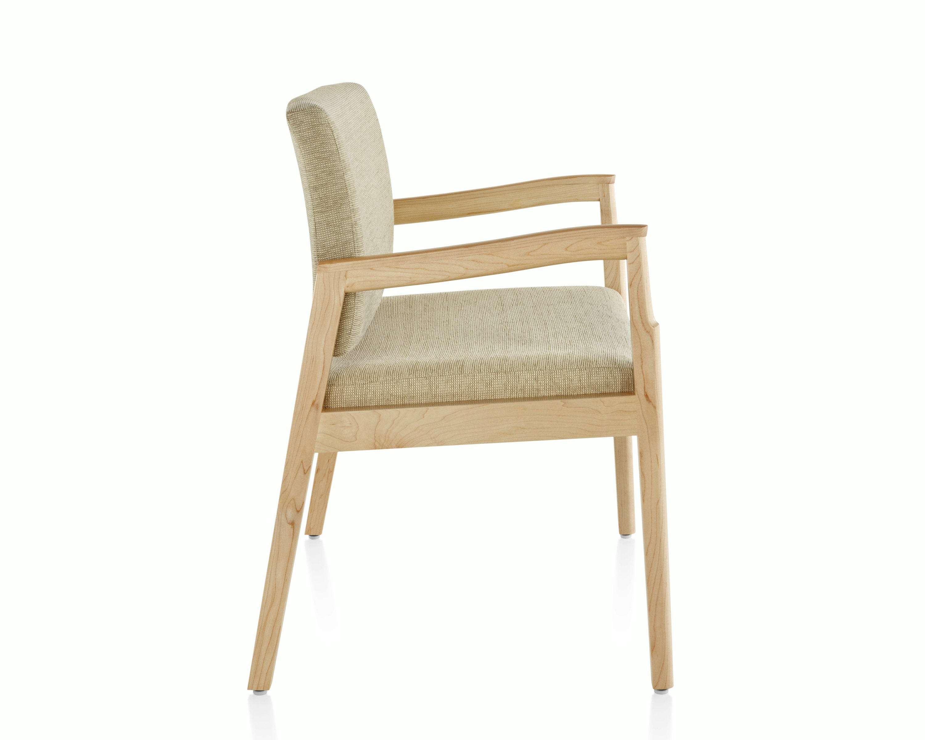 A Monarch Plus Chair in tan textile with solid hardwood frame and wood arm caps.