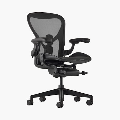 Black matte Aeron Chair on a white background with a 5-star base and ergonomic back support, angled view of the chair front.