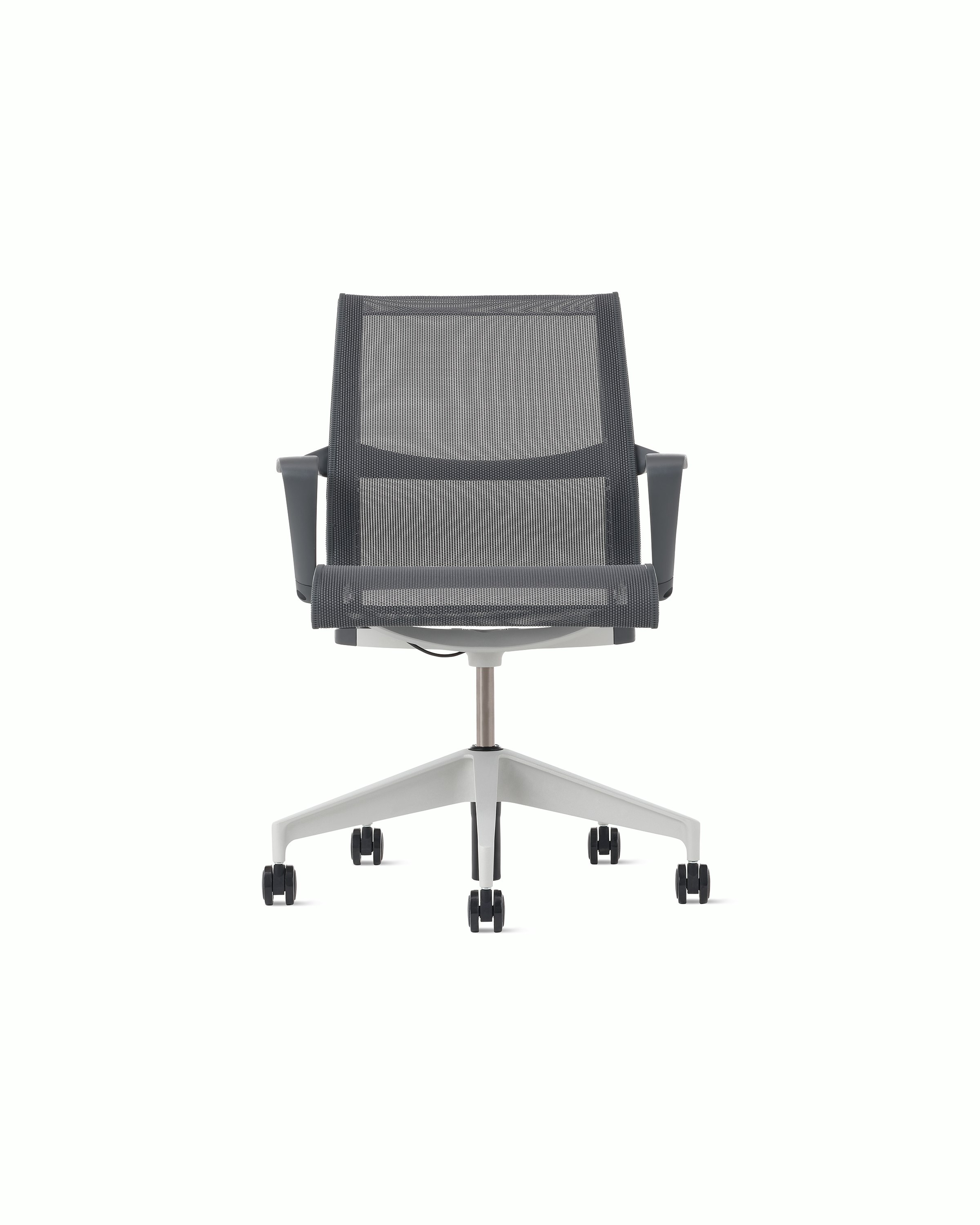 Front view of a Setu chair in grey with a silver alloy base.