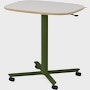 Large Passport Work Table with white surface, plywood edge and green base on casters.