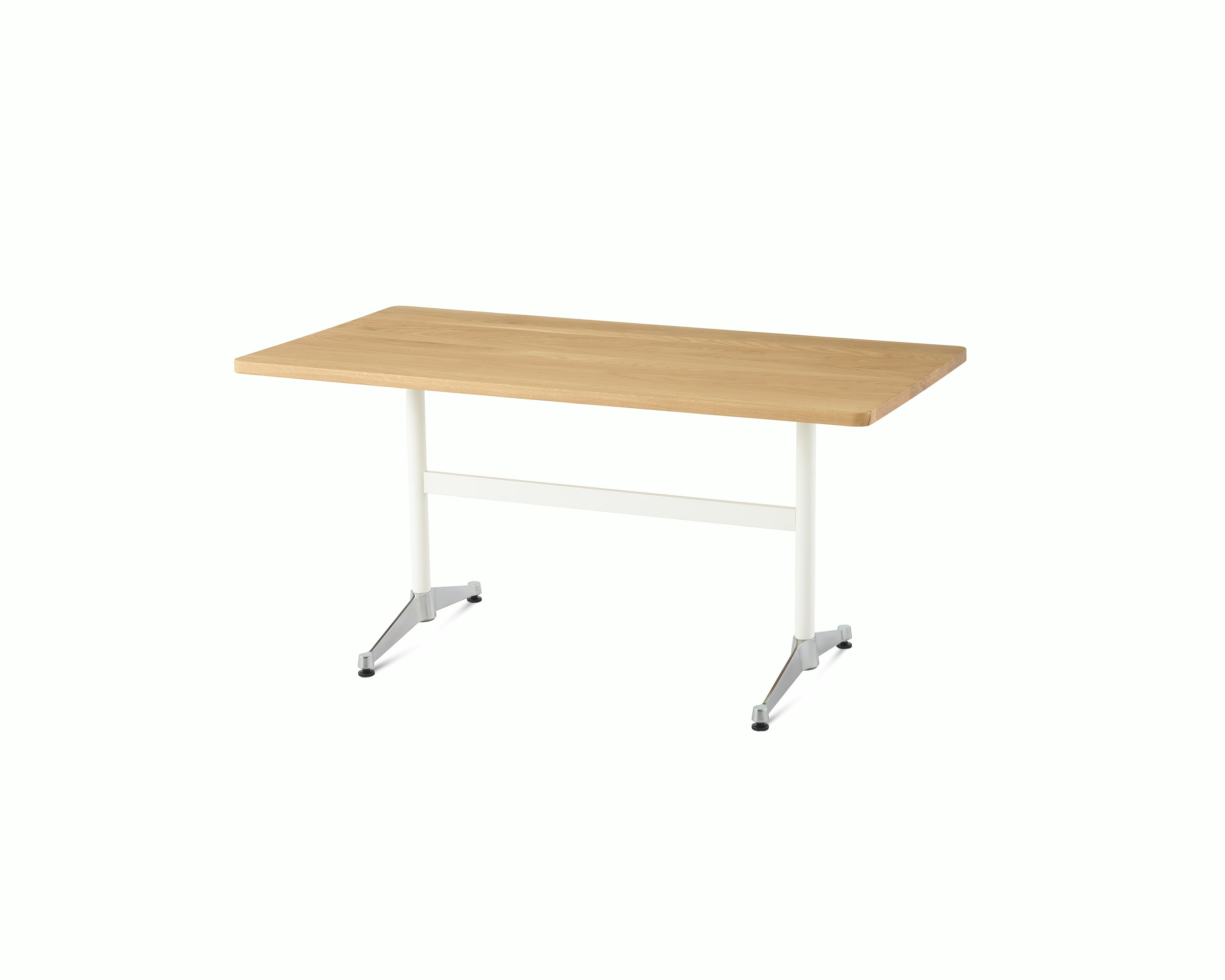 An oak Eames T-Leg Table with white legs and chrome feet.