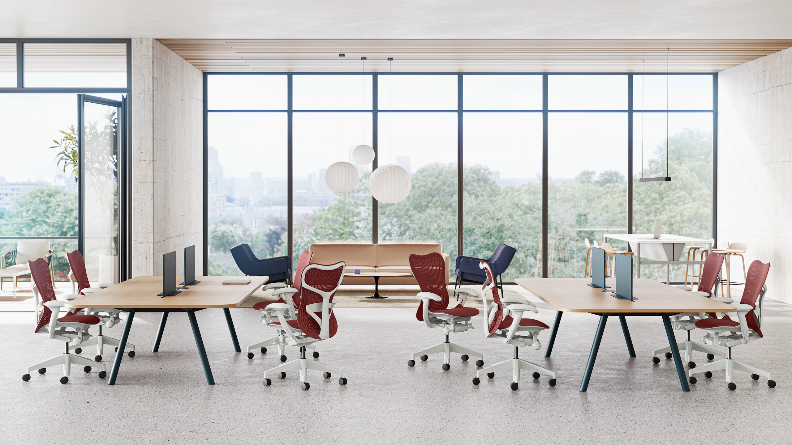 Two tables each surrounded by four Mirra 2 chairs in cordovane in a in middle of a neighborhood setting.