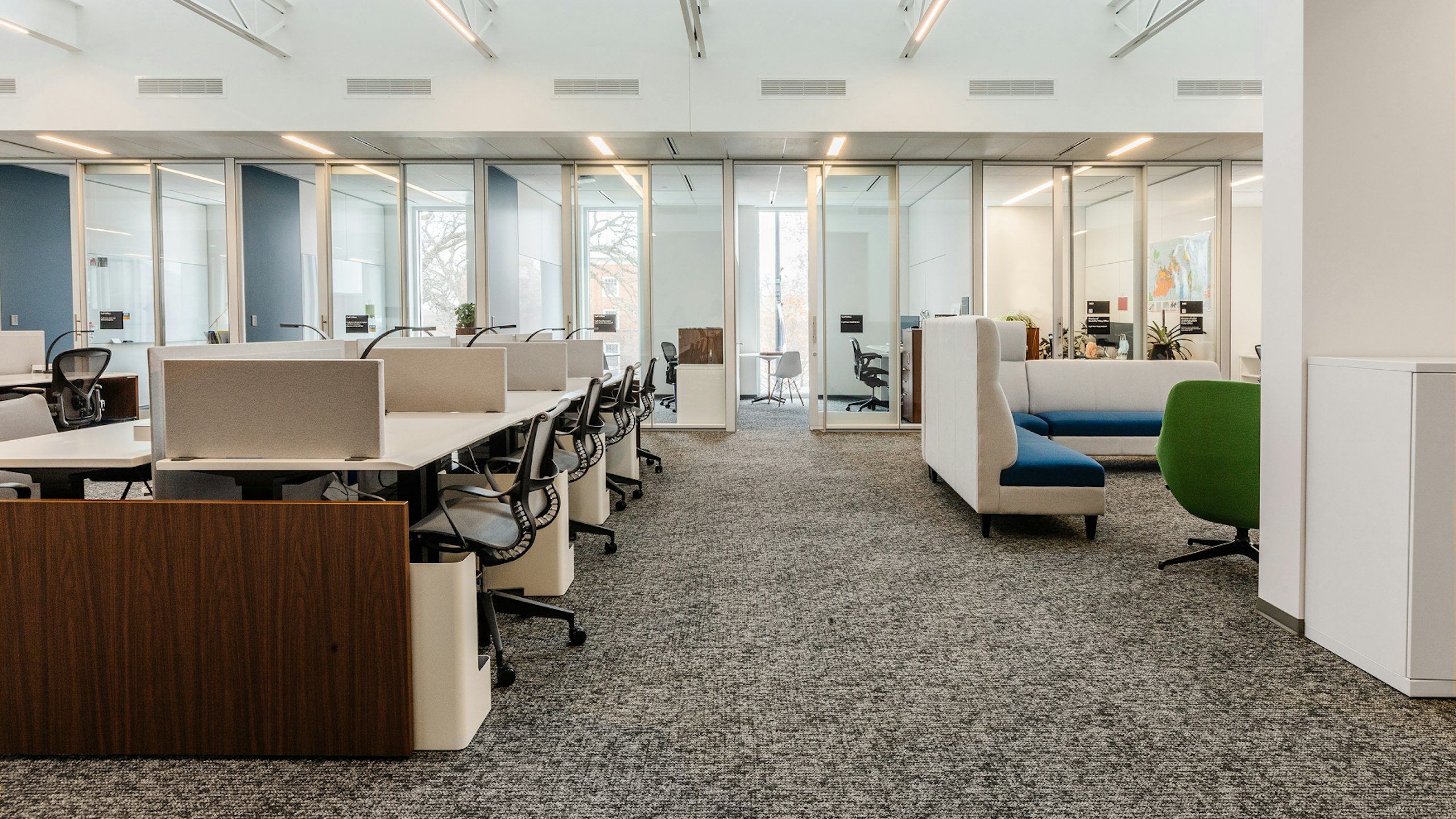Research institute workplace showing a row of height-adjustable desks, with lounge seating nearby, and individual offices at the back.