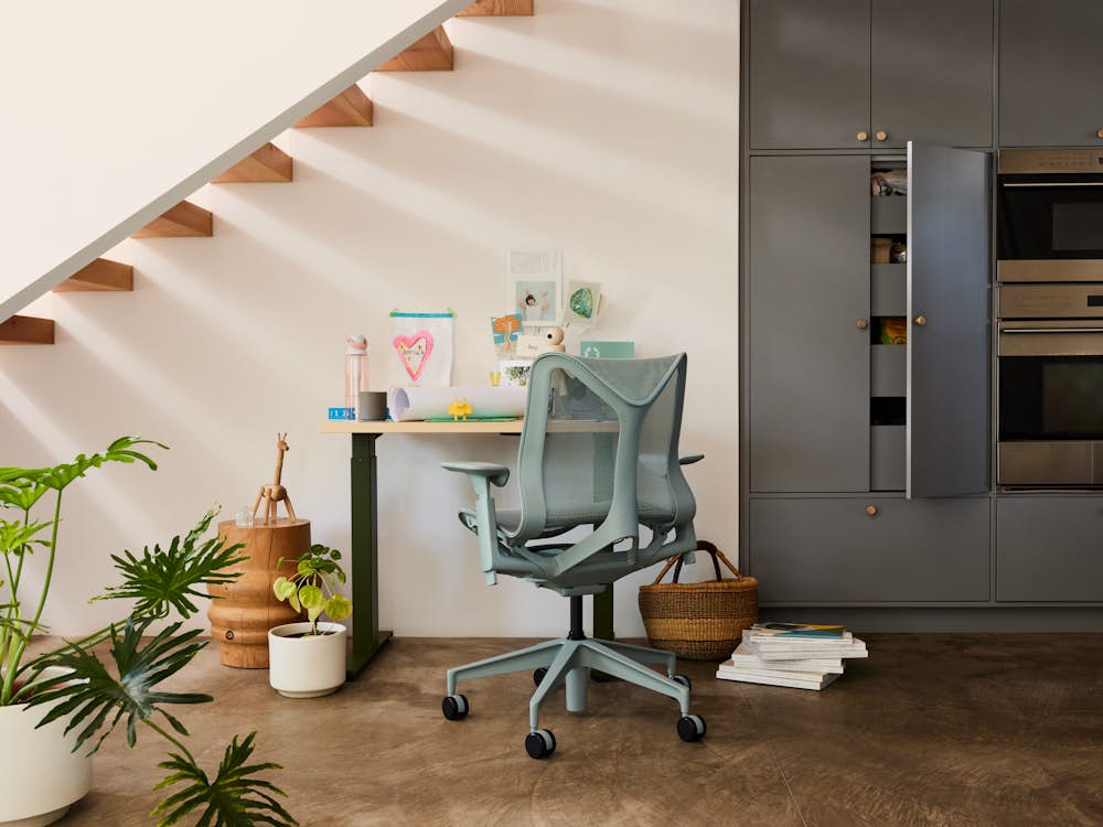 Motia Sit-to-Stand Desk,  Cosm Chair