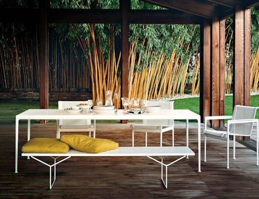 Knoll outdoor 1966 Dining Table and Chairs with Bertoia Bench