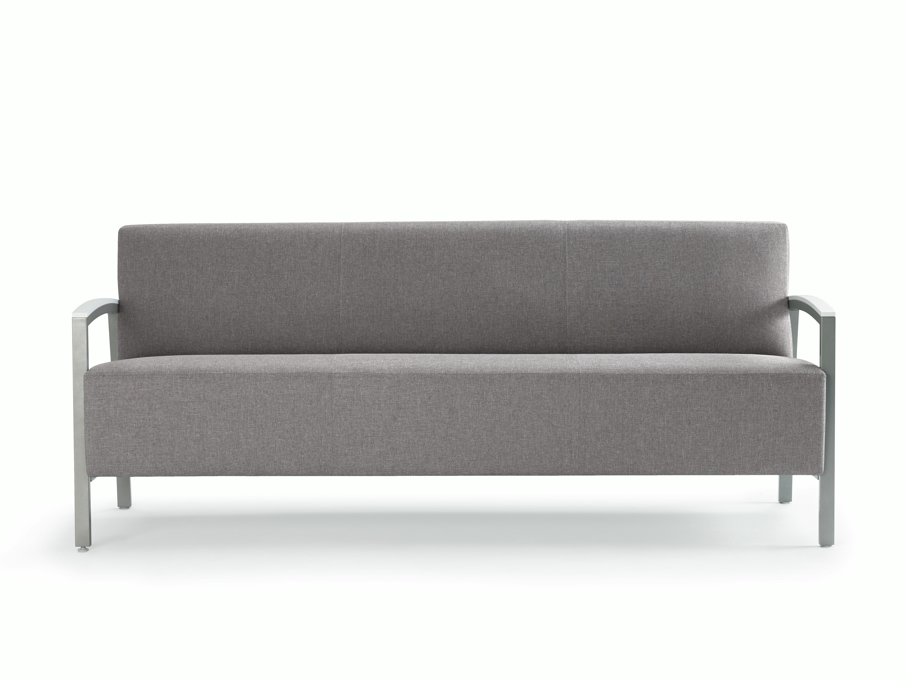 Front view of a gray Brava Modern Lounge Seating sofa with solid surface arm caps.