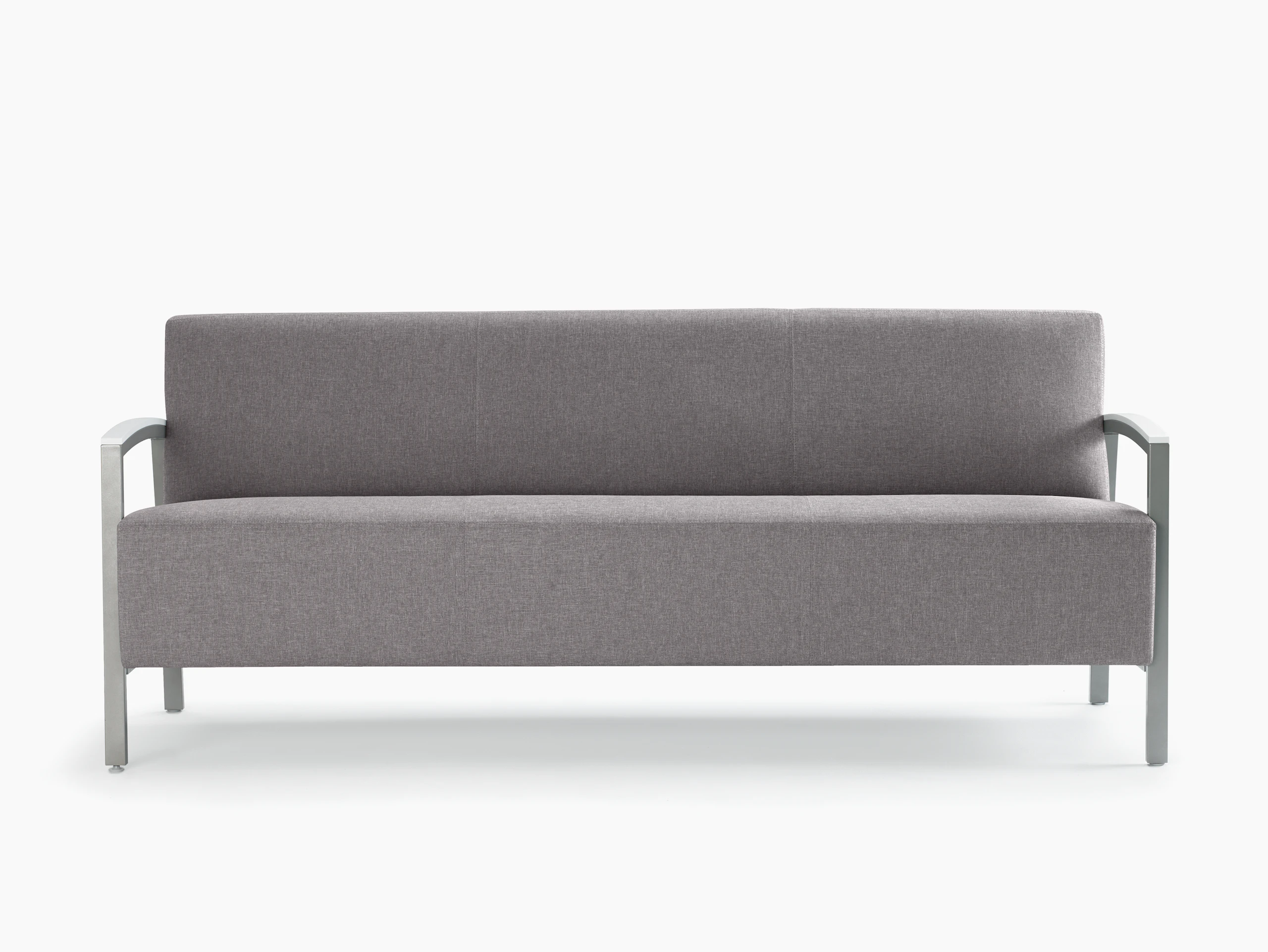 Front view of a gray Brava Modern Lounge Seating sofa with solid surface arm caps.