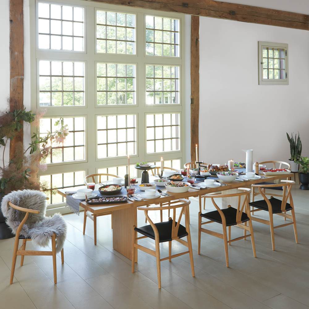 Gather Dining Table and Wishbone Dining Chairs for dinner party