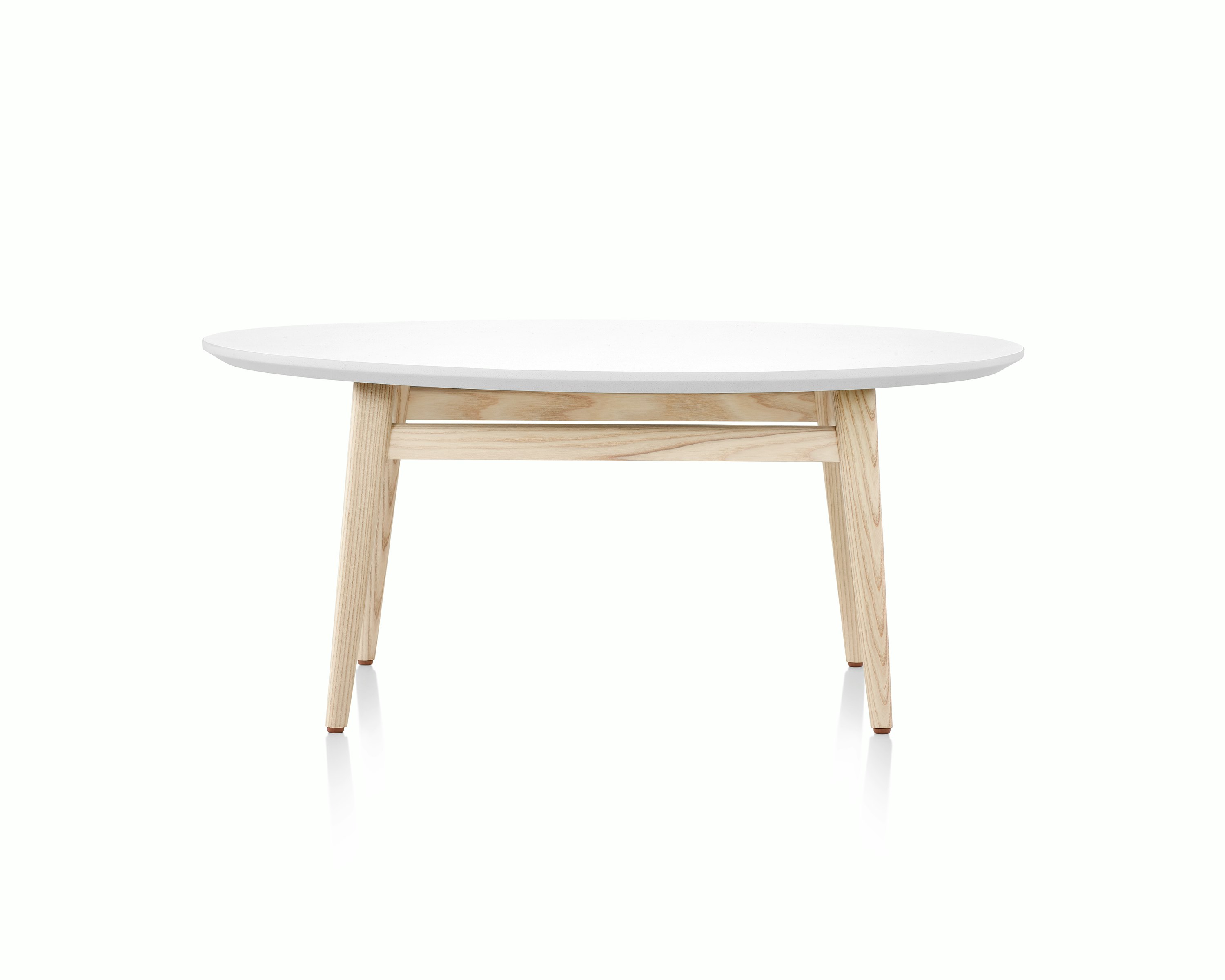 Palisade Occasional Table with wood legs and solid surface top on white sweep.
